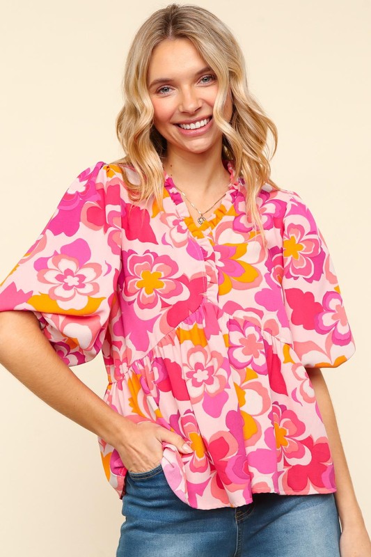 Haptics Full Size Frill Floral Puff Sleeve Blouse-TOPS / DRESSES-[Adult]-[Female]-Blush/Fuchsia-S-2022 Online Blue Zone Planet