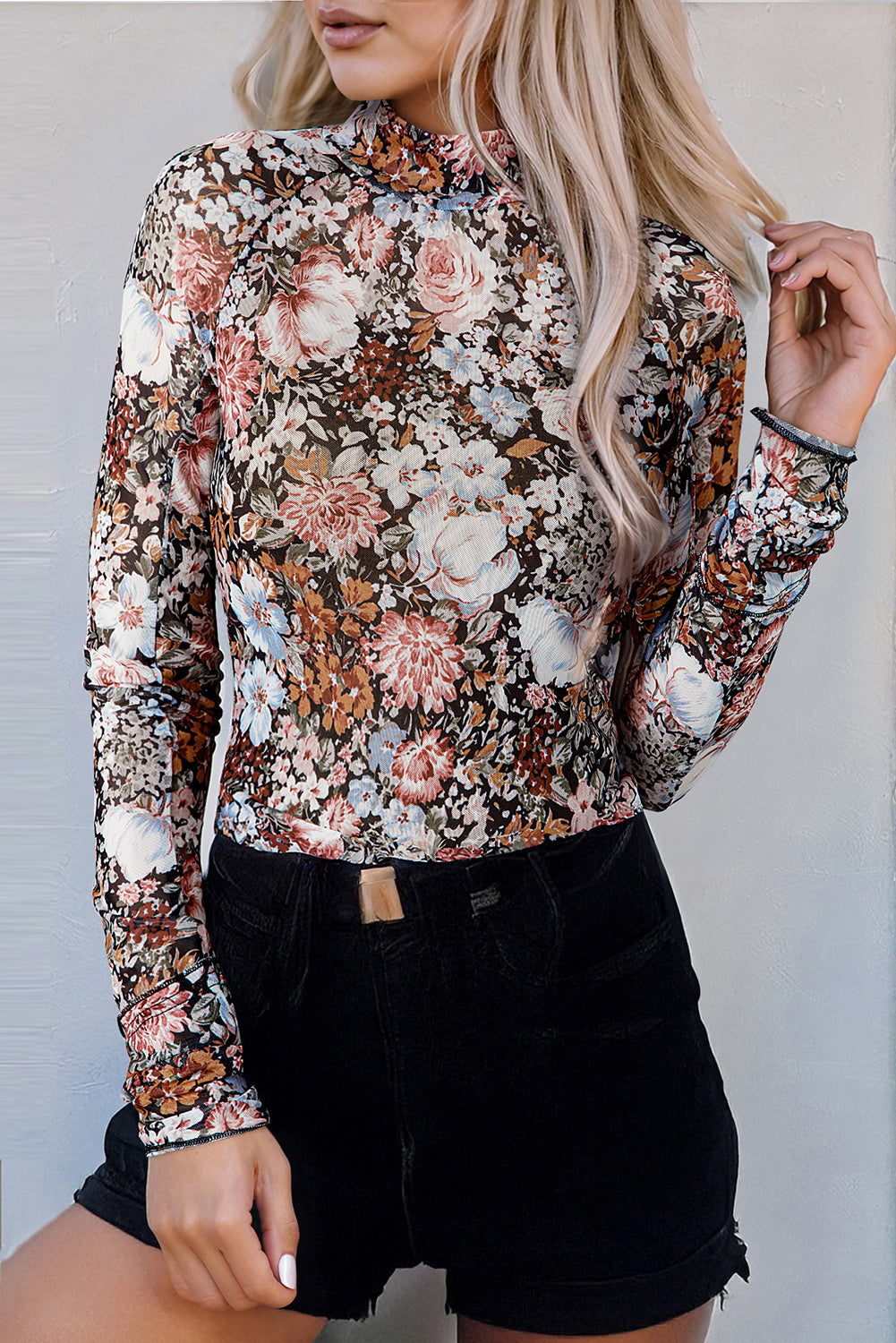 Blue Zone Planet | Pink Floral Long Sleeve High Neck Sheath Mesh Top-Tops/Blouses & Shirts-[Adult]-[Female]-2022 Online Blue Zone Planet