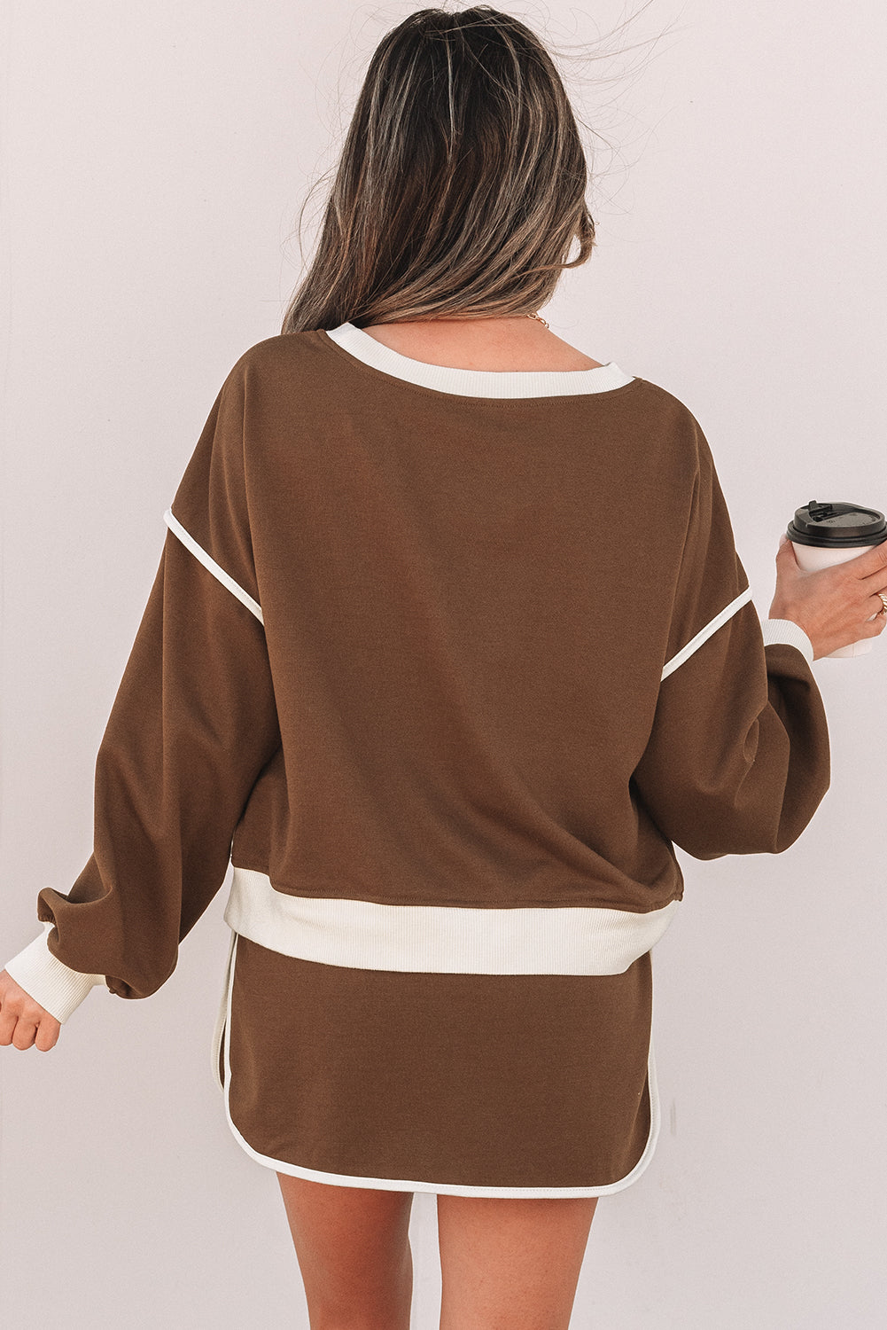 Blue Zone Planet | Rose Red Color Contrast Loose Pullover and Lace-up Waist Skort Set-Two Piece Sets/Two Piece Dresses-[Adult]-[Female]-2022 Online Blue Zone Planet