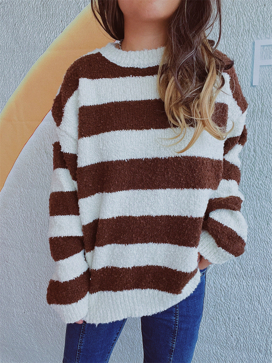 Blue Zone Planet | Striped Round Neck Long Sleeve Sweater-TOPS / DRESSES-[Adult]-[Female]-Dark Brown-One Size-2022 Online Blue Zone Planet