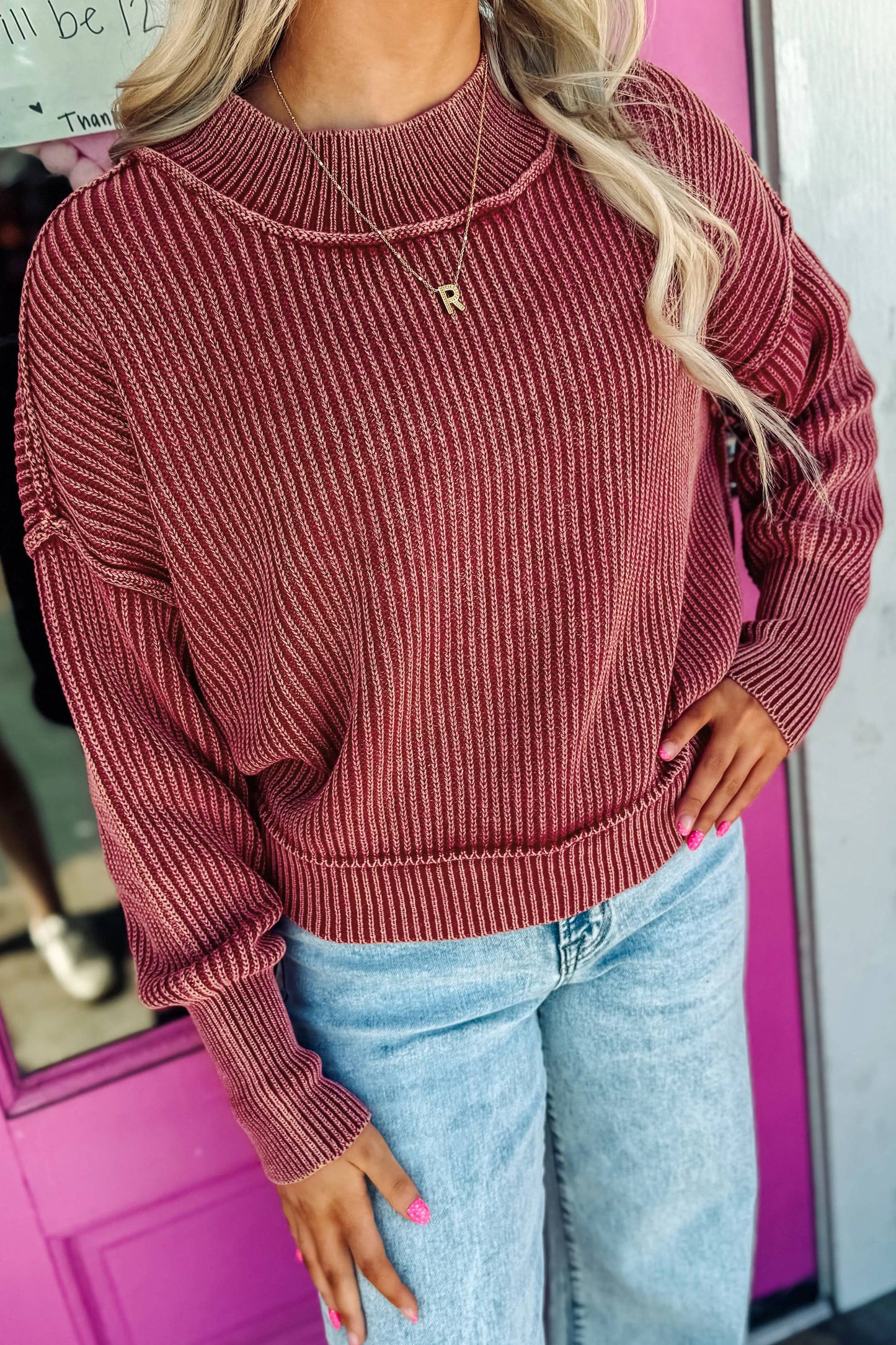 Red Dahlia Drop Shoulder High Neck Ribbed Sweater-Sweaters & Cardigans/Sweaters-[Adult]-[Female]-2022 Online Blue Zone Planet