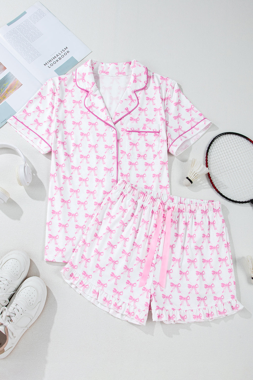 Blue Zone Planet | Pink Bowknot Printed Short Sleeve and Ruffled Shorts Valentines Pajama Set-Loungewear & Sleepwear/Sleepwear-[Adult]-[Female]-2022 Online Blue Zone Planet