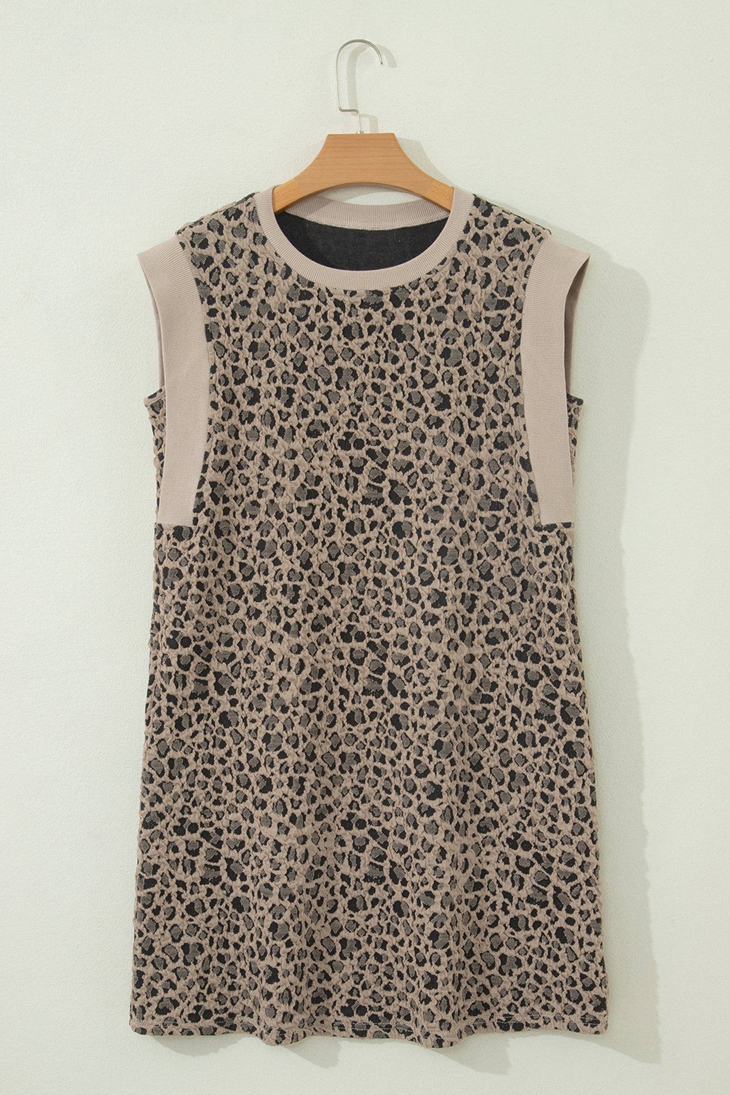 Khaki Leopard Textured Sleeveless Mini Dress with Pockets