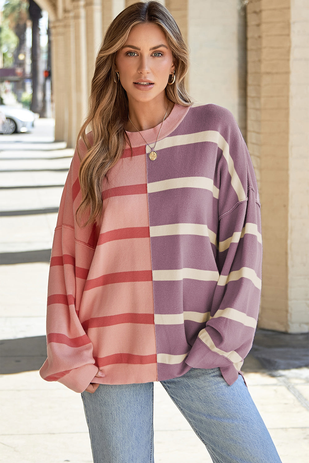 Blue Stripe Colorblock Oversized Sweater-TOPS / DRESSES-[Adult]-[Female]-Pink Stripe-S-2022 Online Blue Zone Planet