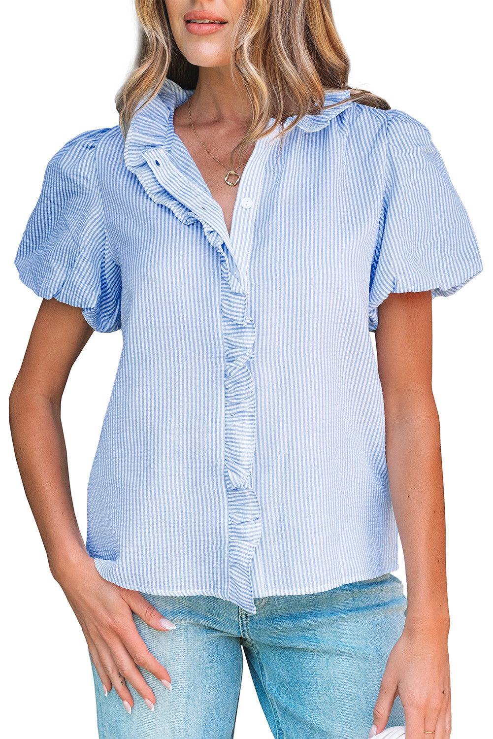 Beau Blue Striped Ruffle Short Bubble Sleeve Shirt-Tops/Blouses & Shirts-[Adult]-[Female]-2022 Online Blue Zone Planet