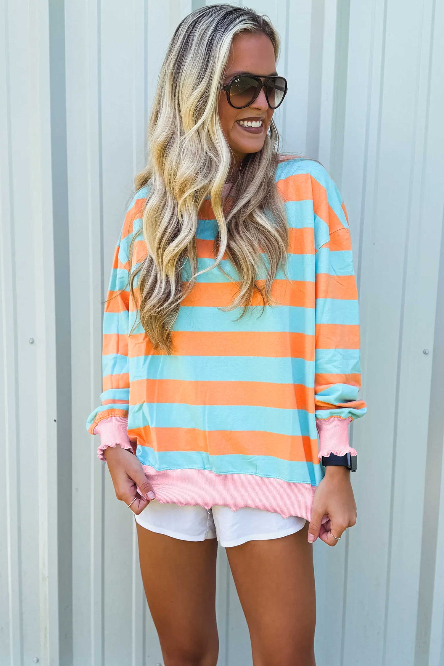 Orange Stripe Ribbed Color Block Trim Round Neck Long Sleeve Shift Top-Tops/Long Sleeve Tops-[Adult]-[Female]-2022 Online Blue Zone Planet