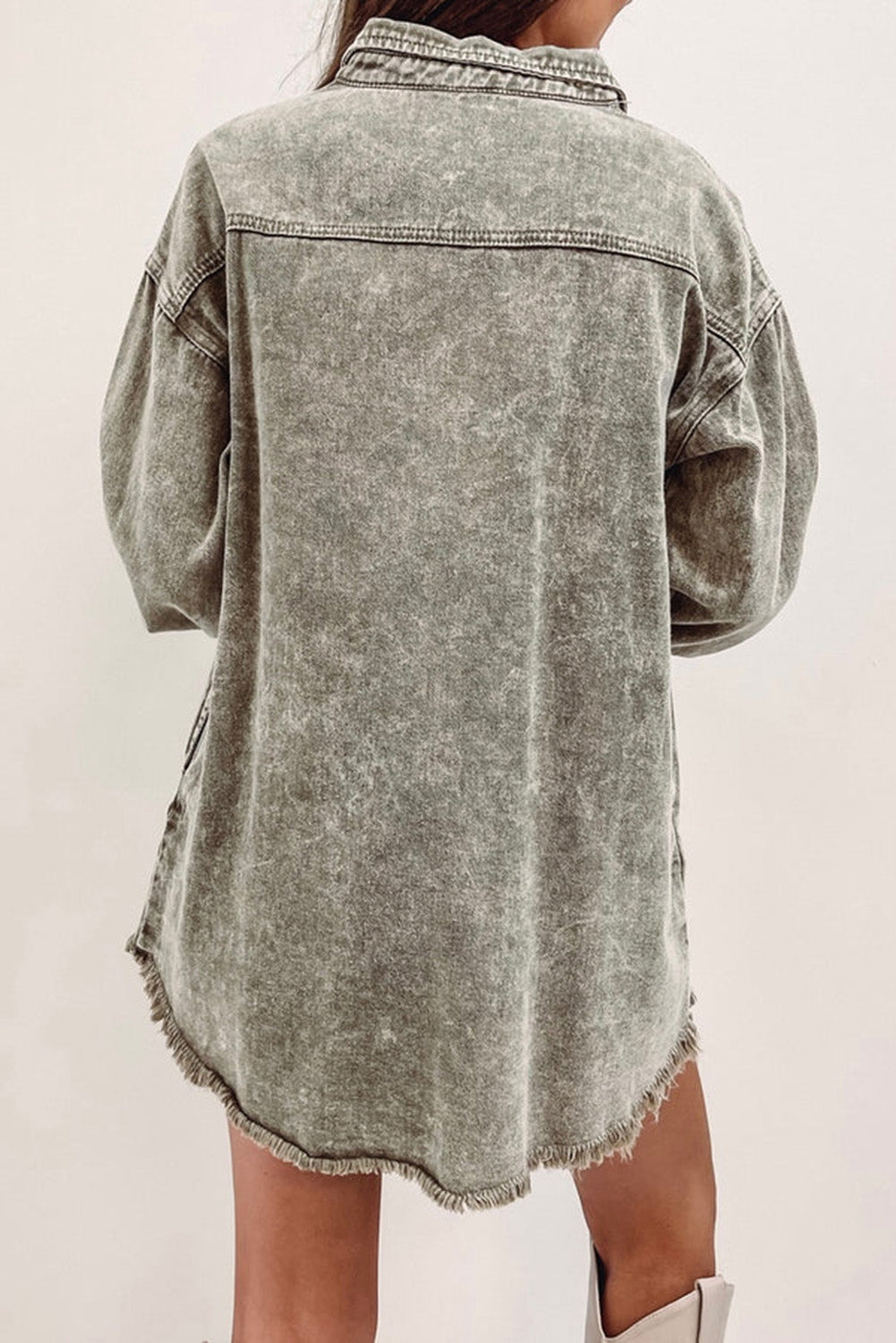 Blue Zone Planet | Sage Green Acid Wash Flap Pocket Raw Hem Tunic Denim Jacket-Outerwear/Denim jackets-[Adult]-[Female]-2022 Online Blue Zone Planet