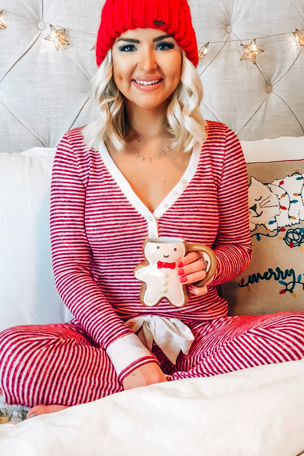 Red Stripe Buttoned V Neck Top and Knotted Waist Pants Lounge Set-Loungewear & Sleepwear/Loungewear-[Adult]-[Female]-2022 Online Blue Zone Planet