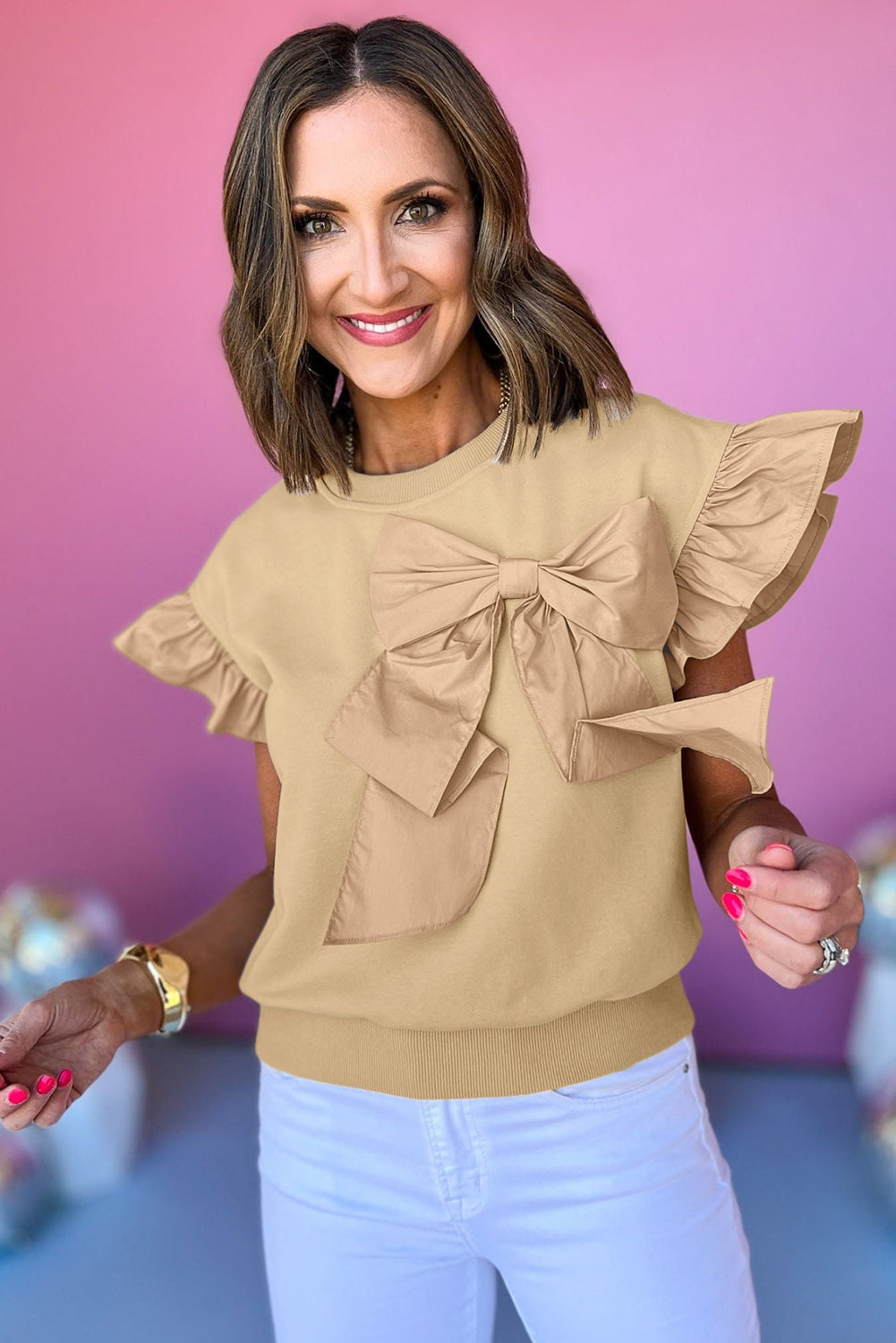 Parchment Ribbon Bow Ruffle Sleeve Round Neck Top-Blouses-[Adult]-[Female]-2022 Online Blue Zone Planet