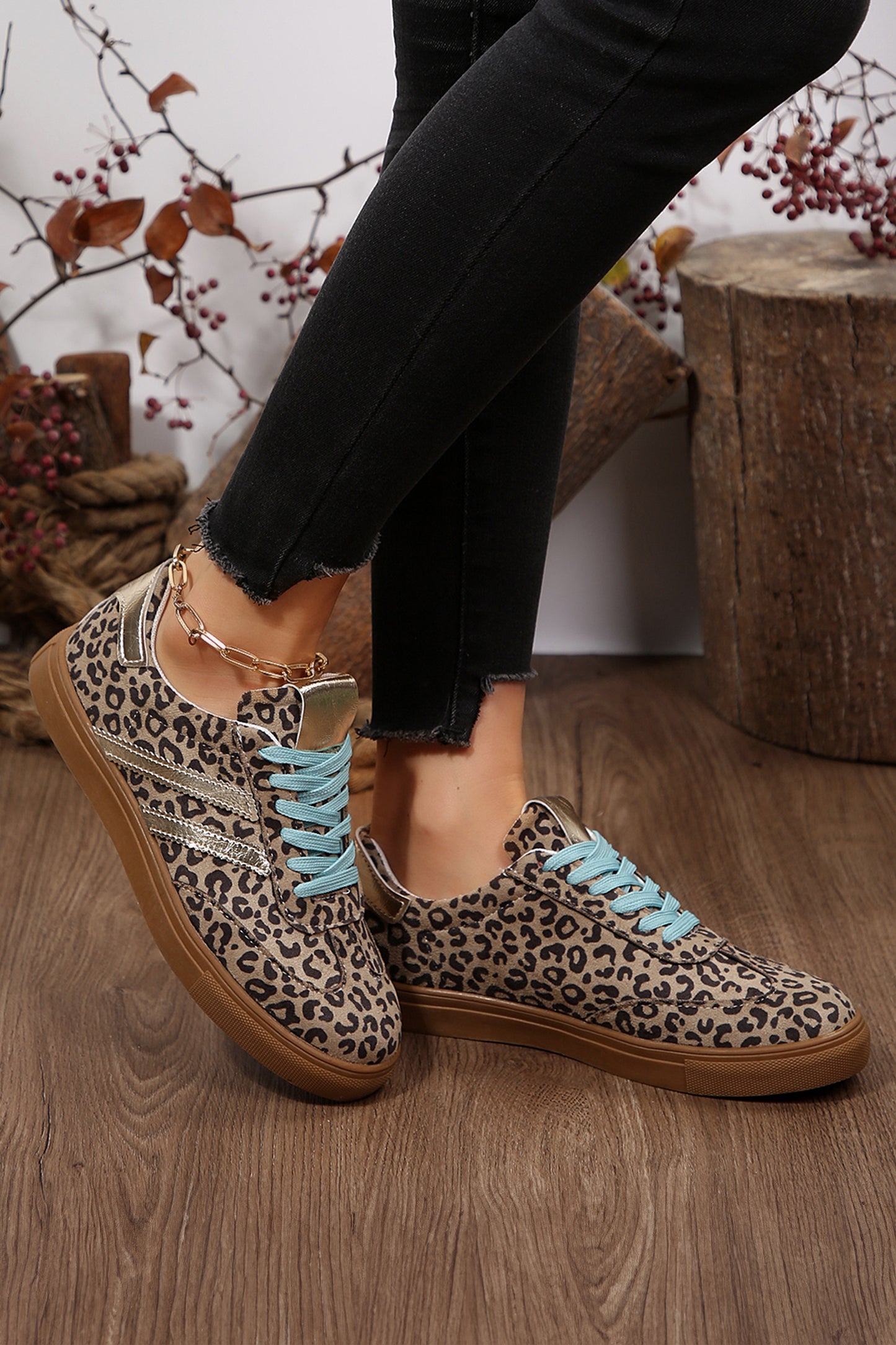 Coffee Faux Suede Leopard Print Sleek PU Leather Detail Lace Up Sneakers-Shoes & Bags/Womens Shoes-[Adult]-[Female]-2022 Online Blue Zone Planet