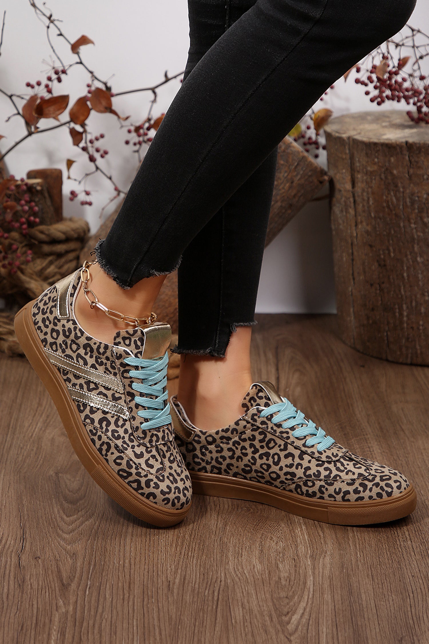 Coffee Faux Suede Leopard Print Sleek PU Leather Detail Lace Up Sneakers-Shoes & Bags/Womens Shoes-[Adult]-[Female]-2022 Online Blue Zone Planet