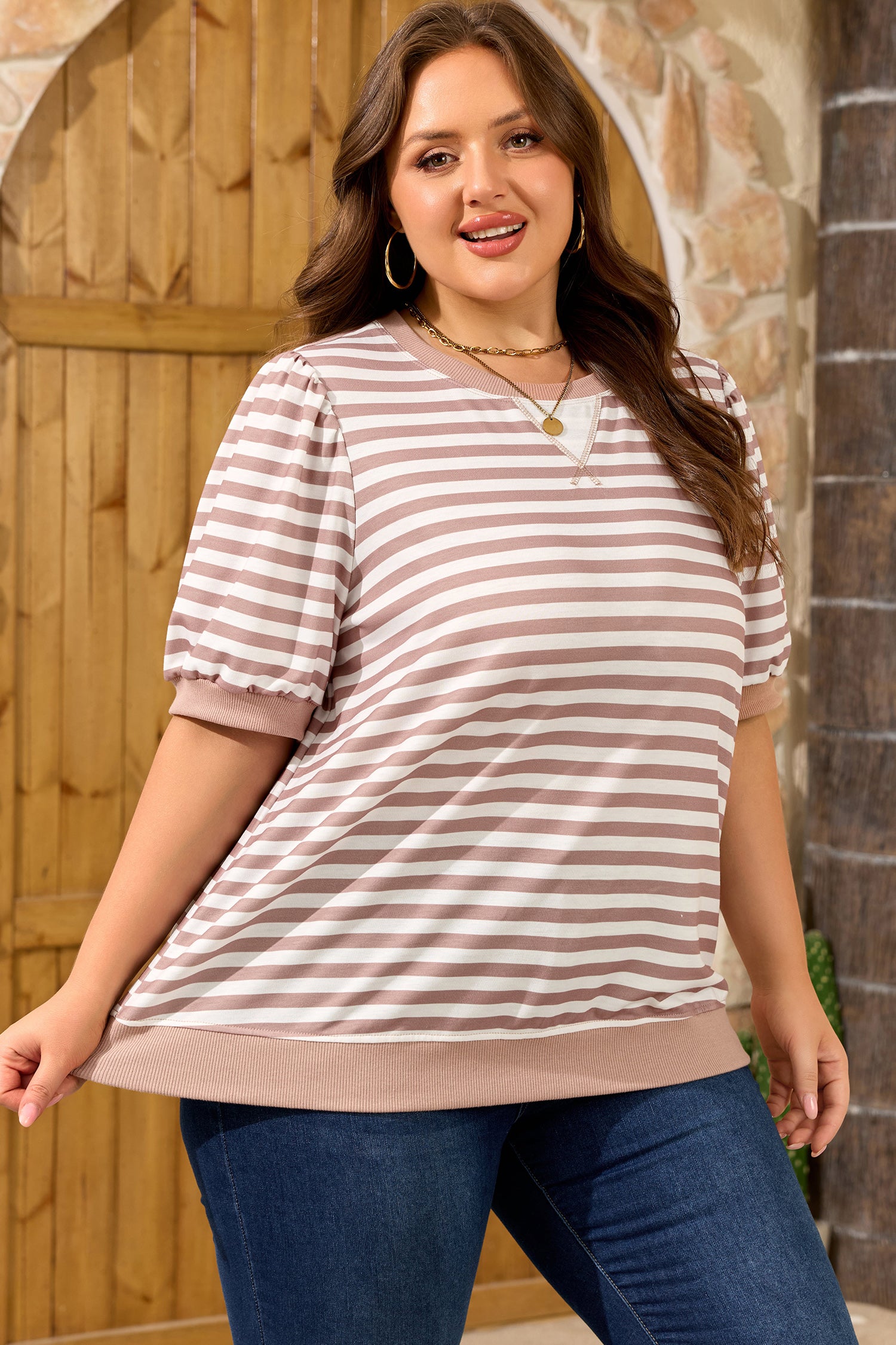 Orange Stripe Ribbed Trim Round Neck Short Puff Sleeve Plus T Shirt-Plus Size/Plus Size Tops-[Adult]-[Female]-2022 Online Blue Zone Planet