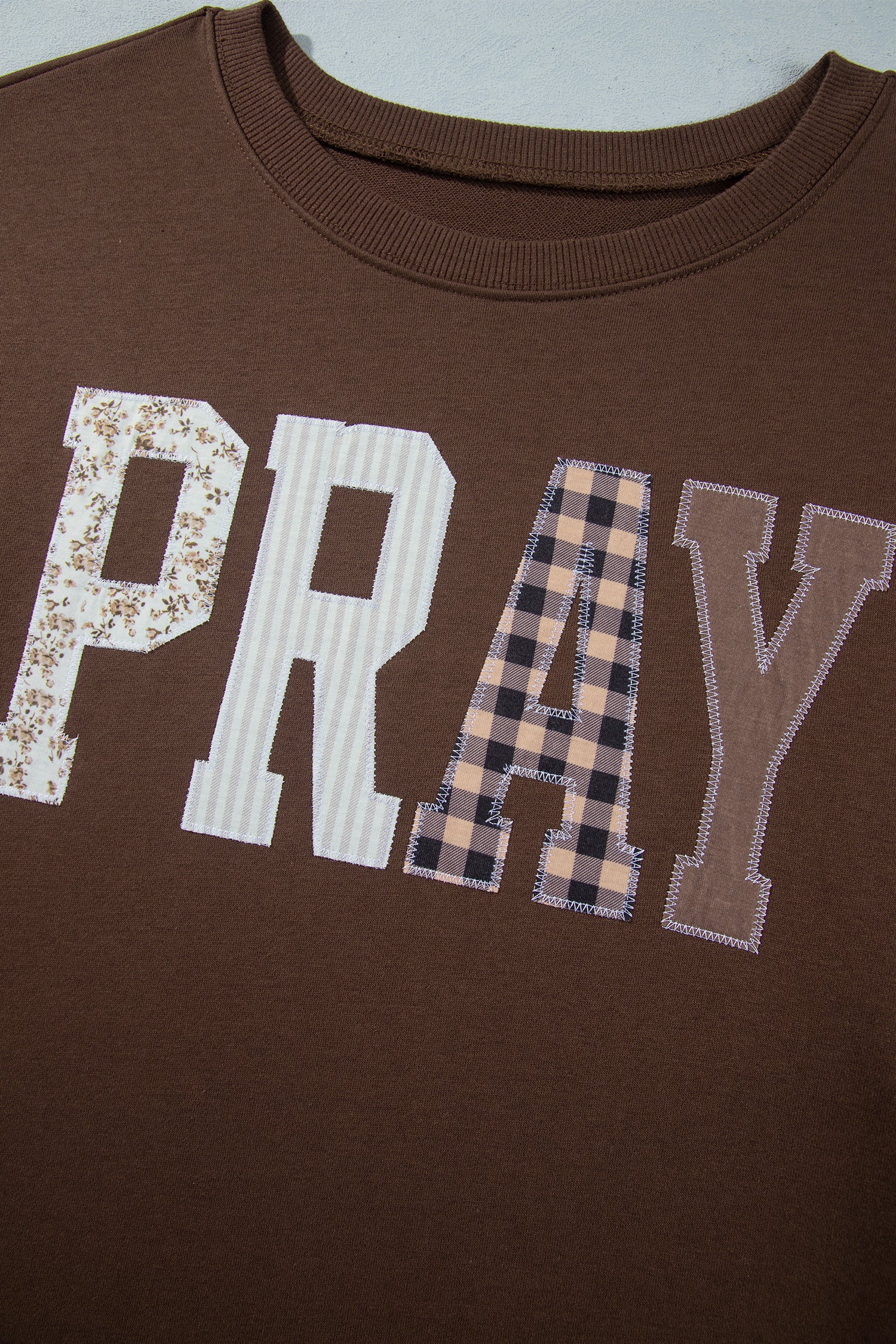 Coffee PRAY Letter Patchwork Round Neck Long Sleeve Plus Size Sweatshirt-Plus Size/Plus Size Sweatshirts & Hoodies-[Adult]-[Female]-2022 Online Blue Zone Planet