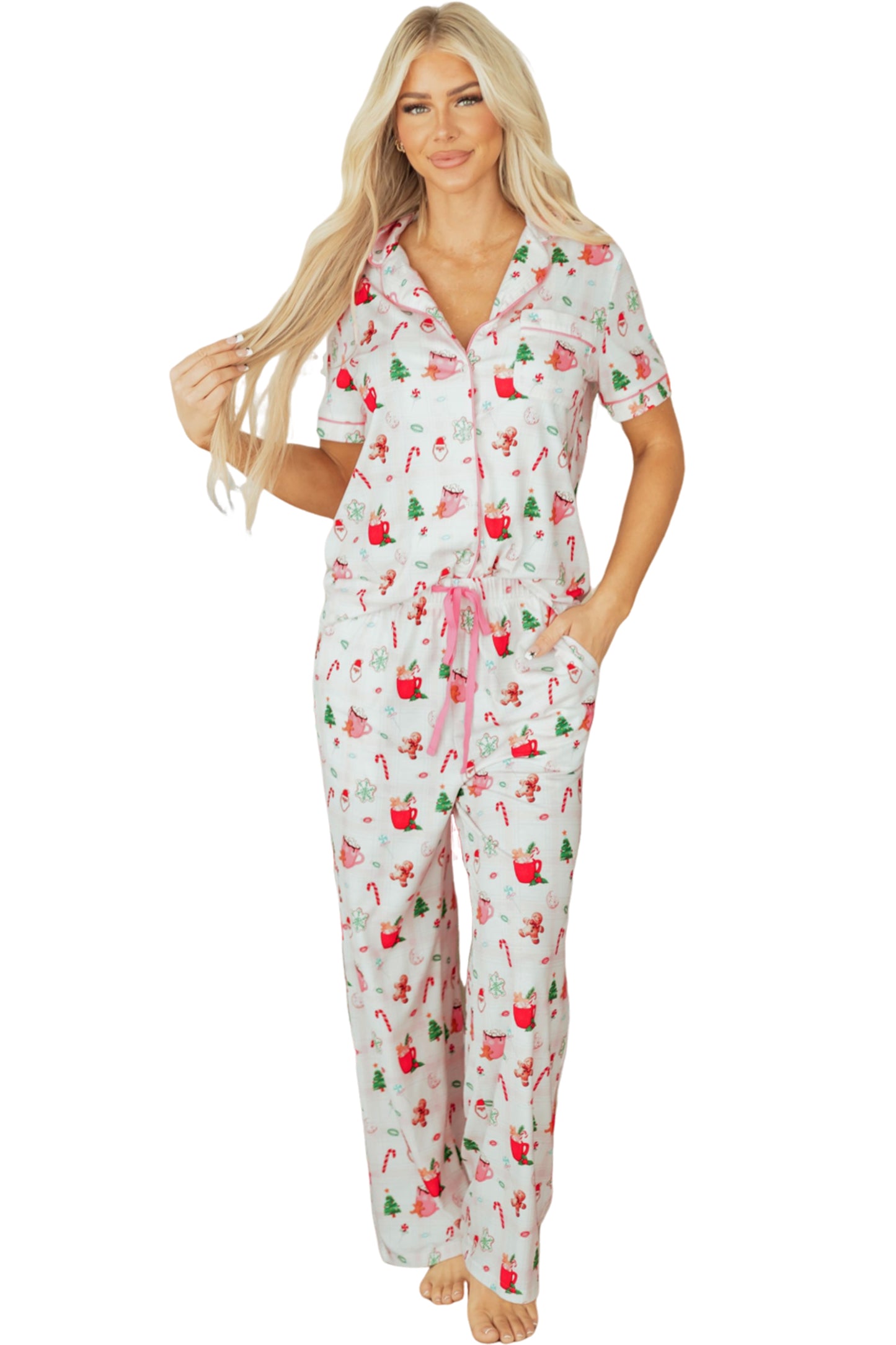 Pink Christmas Spirit Cute Holiday Print Short Sleeve Shirt and Pants 2pcs Pajama Set-Loungewear & Sleepwear/Sleepwear-[Adult]-[Female]-2022 Online Blue Zone Planet