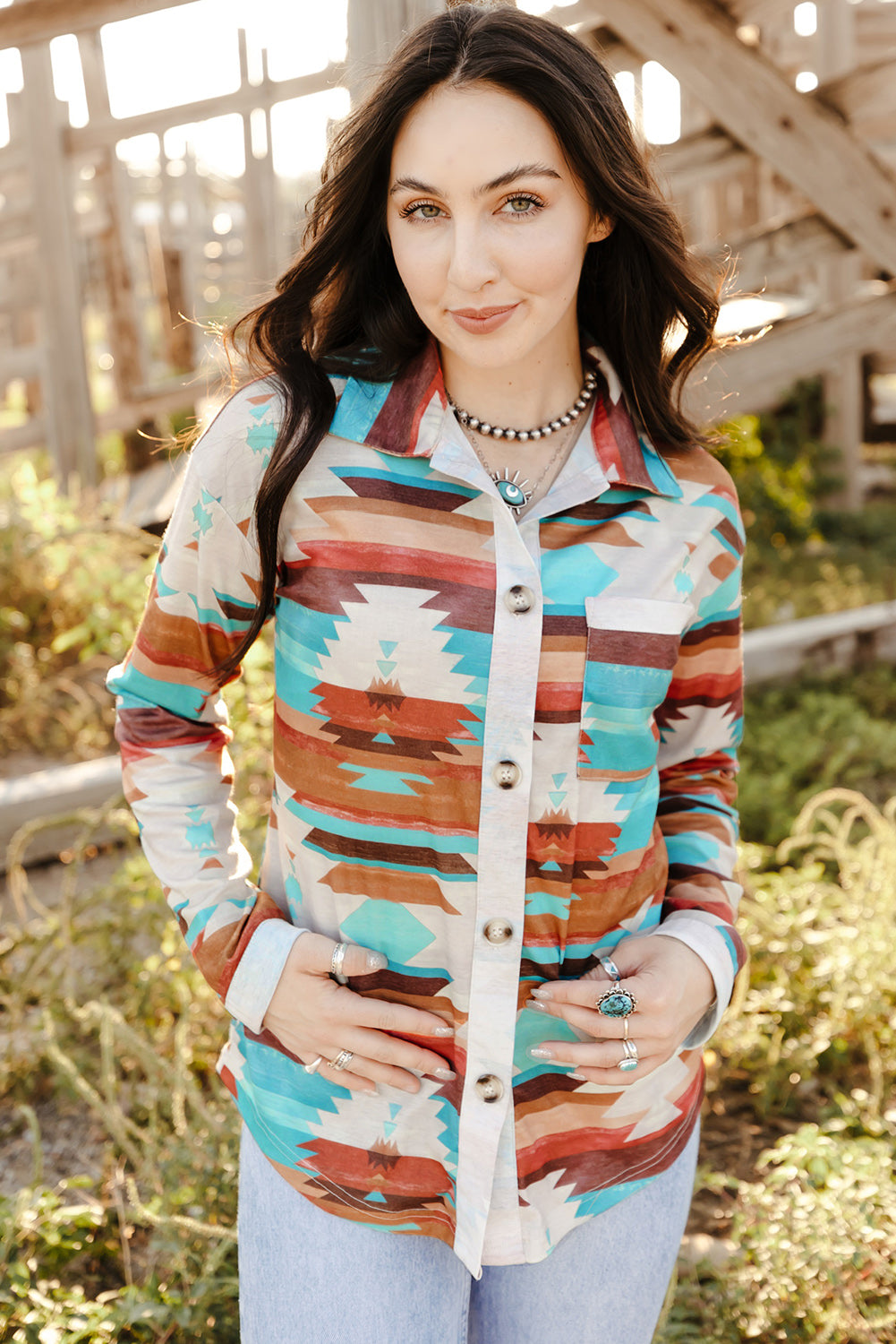 Multicolor Aztec Print Buttoned Pocket Chest Long Sleeve Shirt-Tops/Blouses & Shirts-[Adult]-[Female]-2022 Online Blue Zone Planet