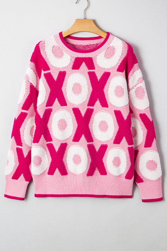 Pink XOXO Pattern Drop Shoulder Crewneck Valentines Sweater-Sweaters & Cardigans/Sweaters-[Adult]-[Female]-2022 Online Blue Zone Planet