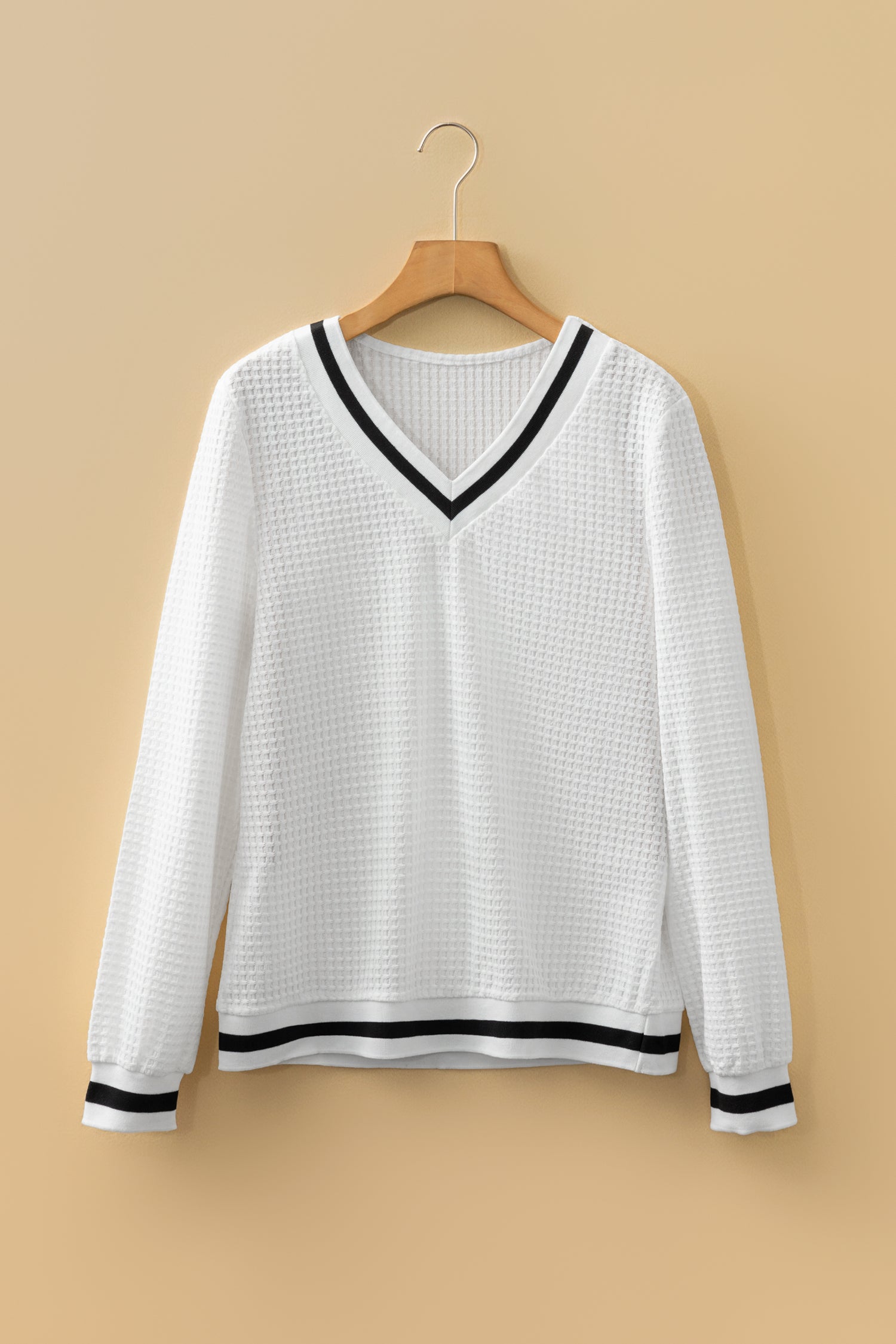 White Textured Knit Preppy Striped Trim V Neck Pullover Waffle Top-Tops/Long Sleeve Tops-[Adult]-[Female]-2022 Online Blue Zone Planet