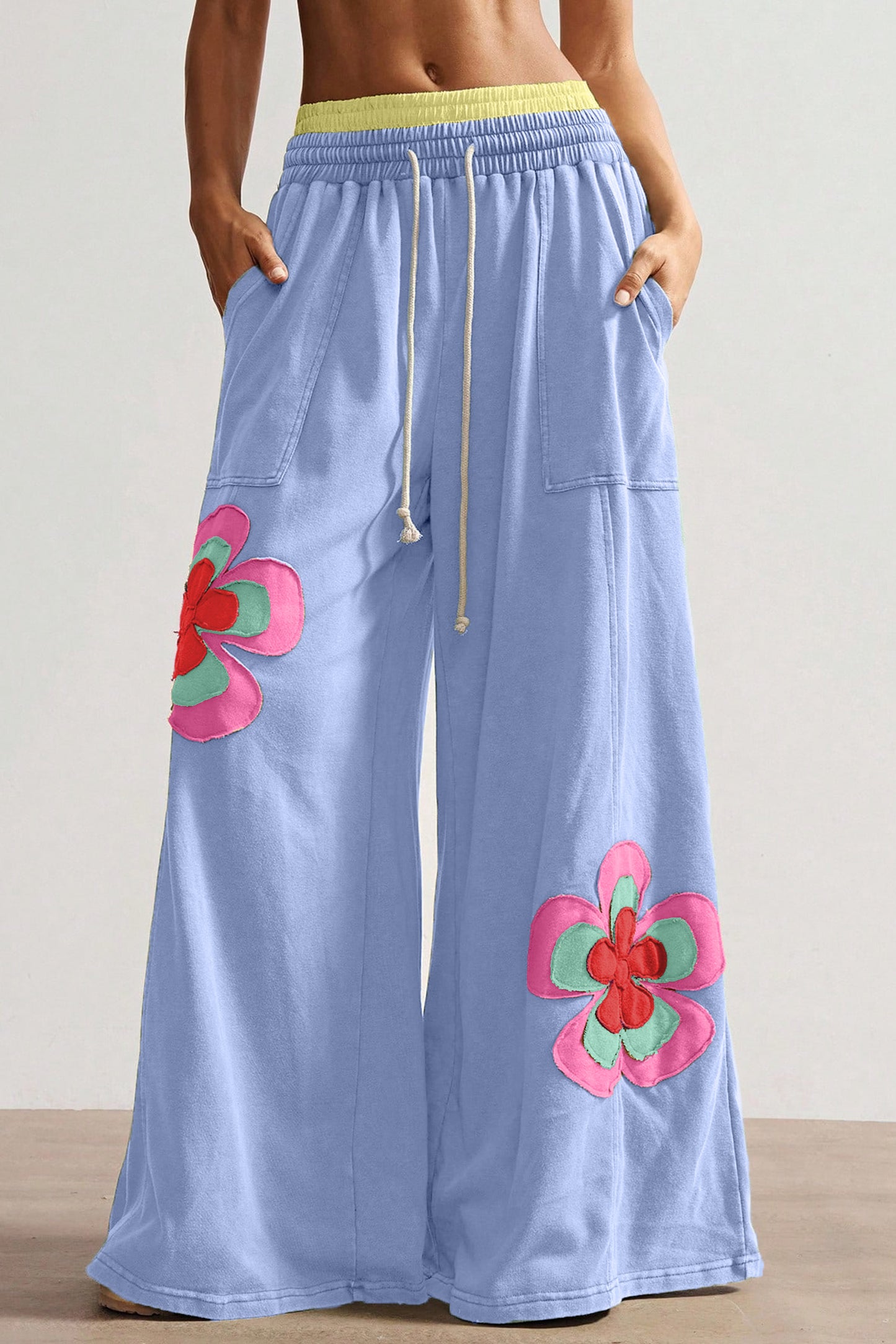 Sky Blue Color Block Flower Patchwork Drawstring Contrasted Elastic Waist Wide Leg Pants-Bottoms/Pants & Culotte-[Adult]-[Female]-2022 Online Blue Zone Planet