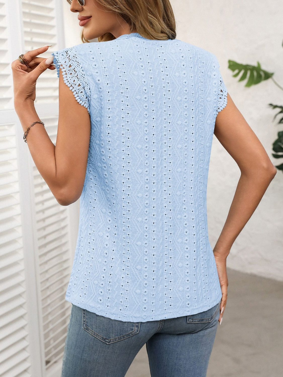 Lace Detail Round Neck Cap Sleeve Top-TOPS / DRESSES-[Adult]-[Female]-Light Blue-S-2022 Online Blue Zone Planet