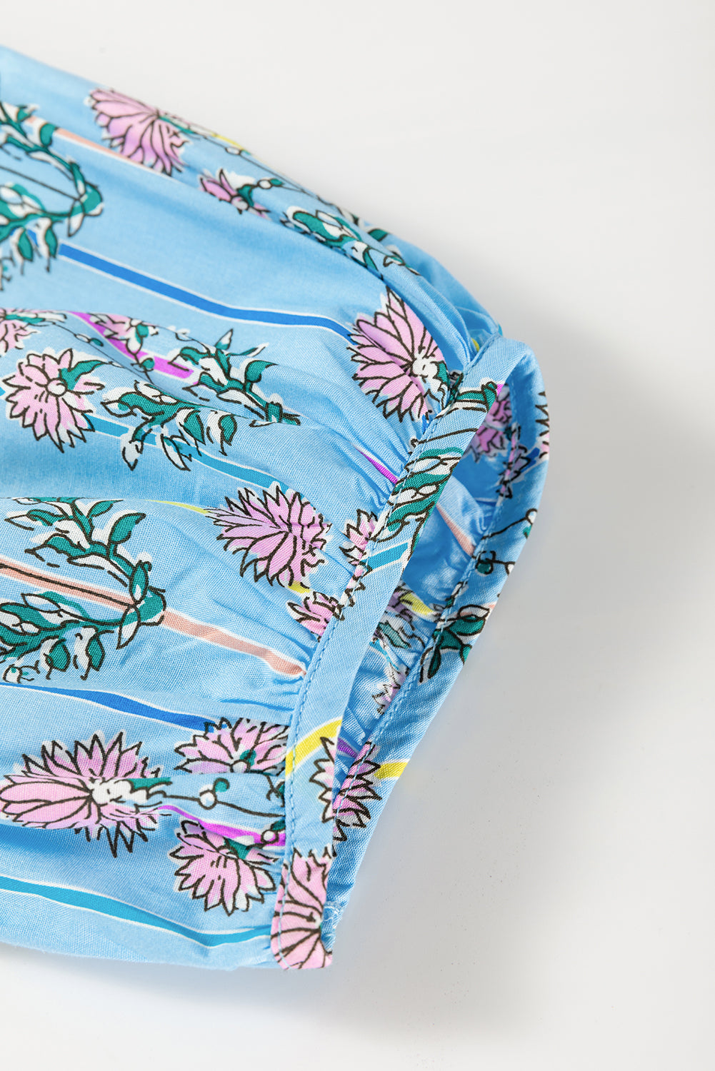 Blue Zone Planet | Sky Blue Floral Striped Print Tie Shirred Splie Neck Blouse-Tops/Blouses & Shirts-[Adult]-[Female]-2022 Online Blue Zone Planet