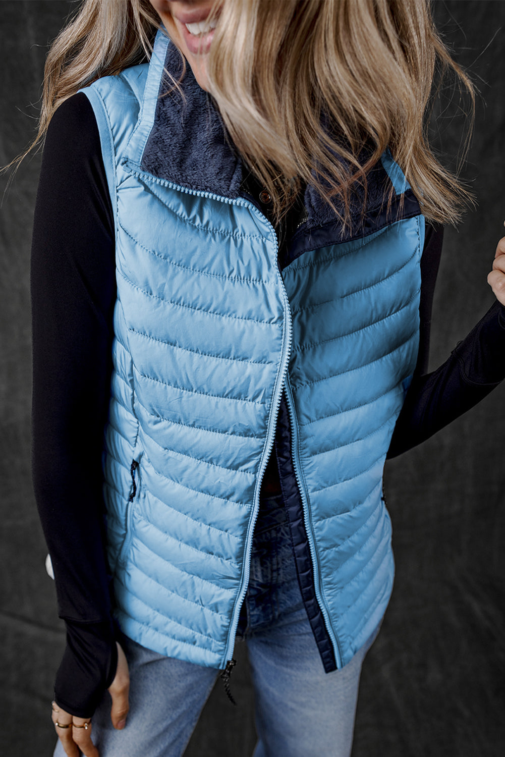 Blue Zone Planet | Silvery Plush Collared Quilted Zipped Puffer Vest-Outerwear/Vests-[Adult]-[Female]-Sky Blue-S-2022 Online Blue Zone Planet