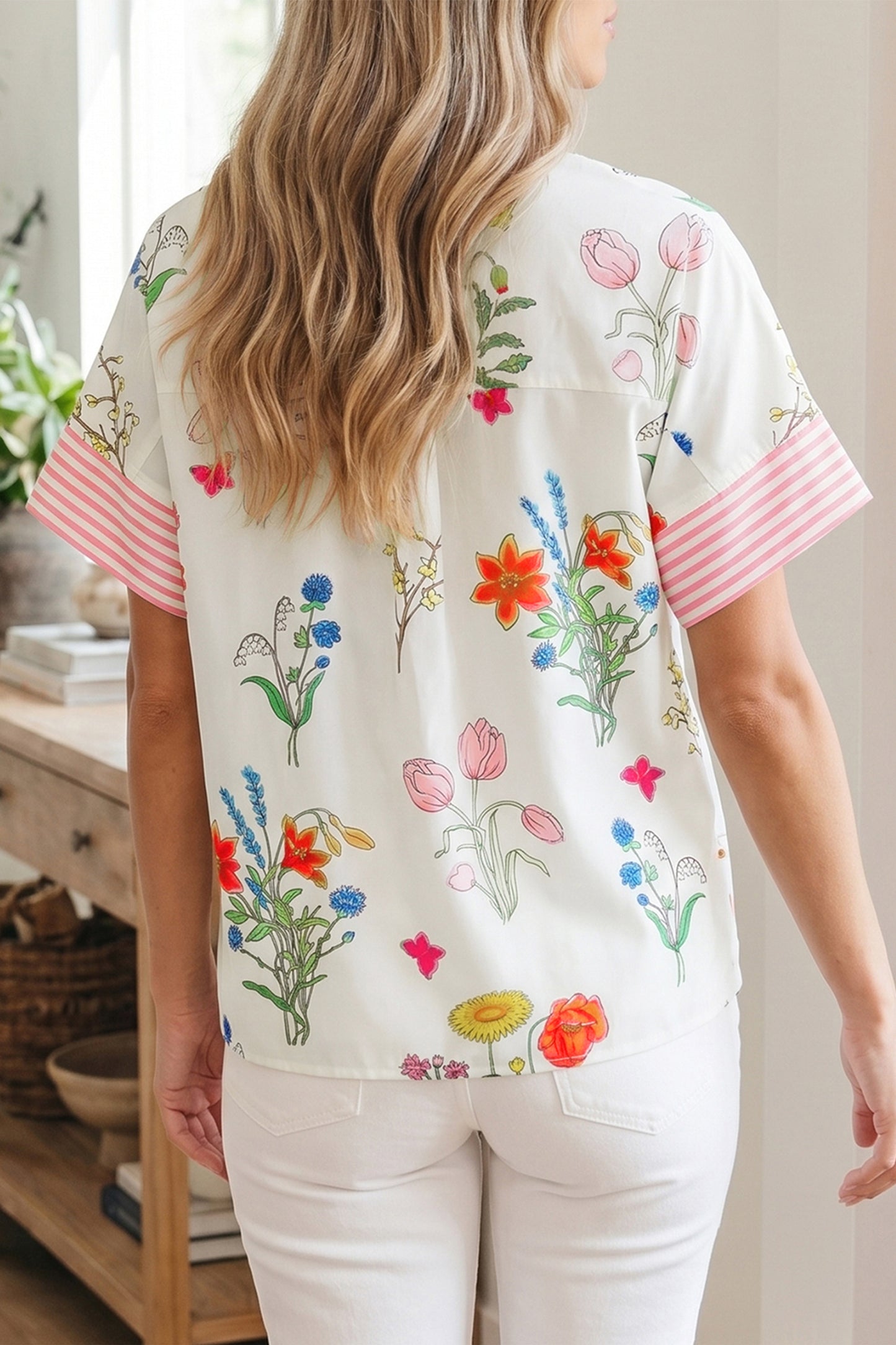 Beige Floral Striped Patchwork Ruffled Collar Short Sleeve Shirt-Tops/Blouses & Shirts-[Adult]-[Female]-2022 Online Blue Zone Planet