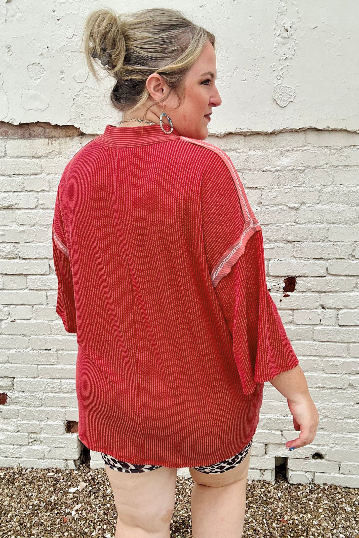 Fiery Red Twist Ribbed Tunic Round Neck Bracelet Sleeve Plus Size Blouse-Plus Size/Plus Size Tops/Plus Size Tops & Tees-[Adult]-[Female]-2022 Online Blue Zone Planet
