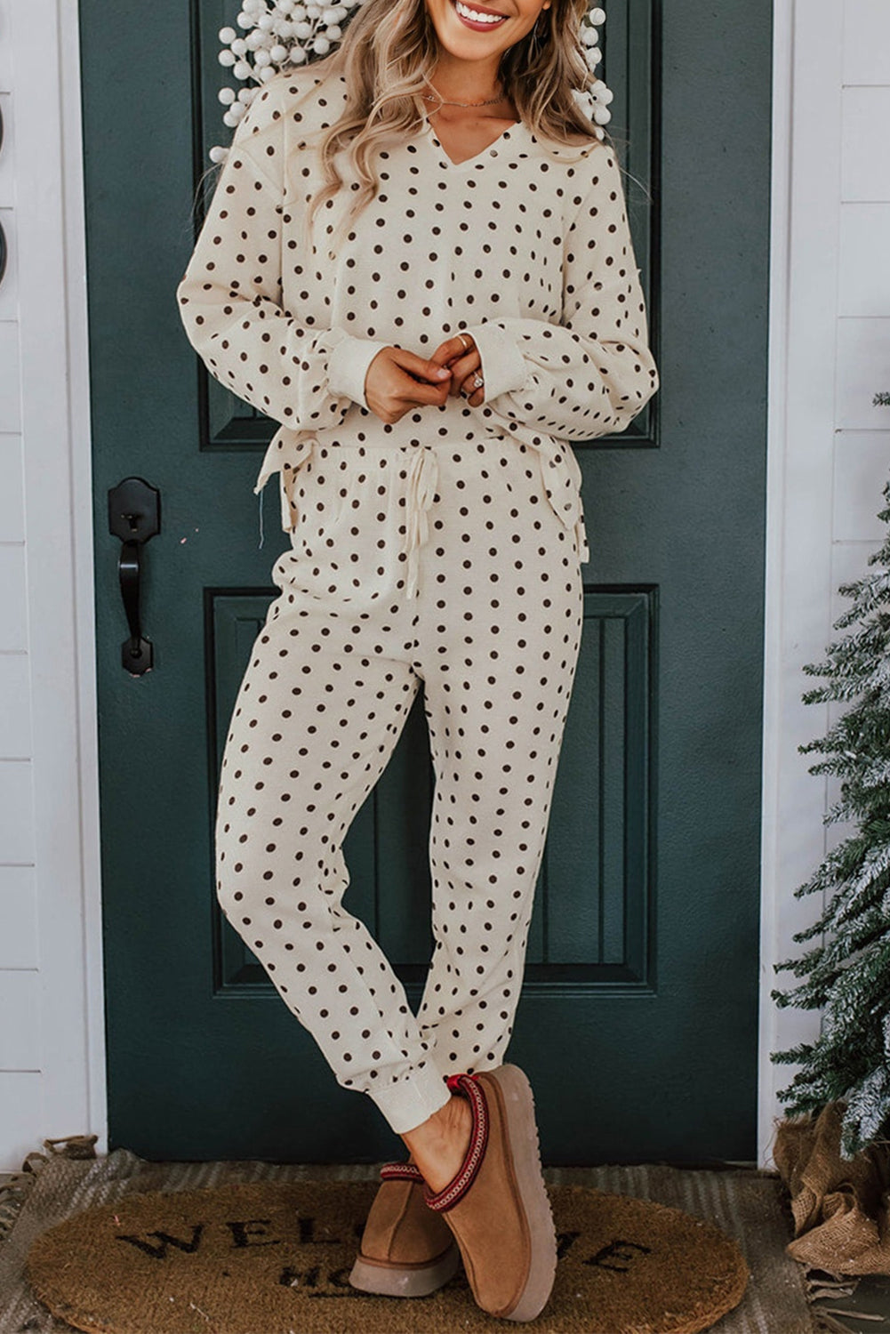 White Polka Dot Print Notched Neck Long Sleeve Top Drawstring Jogger Pants Waffle Knit Lounge Set-Loungewear & Sleepwear/Loungewear-[Adult]-[Female]-2022 Online Blue Zone Planet