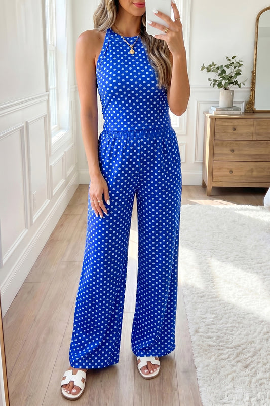 Blue Polka Dot Print Slim Tank Loose Pants 2pcs Outfit-Two Piece Sets/Pant Sets-[Adult]-[Female]-2022 Online Blue Zone Planet