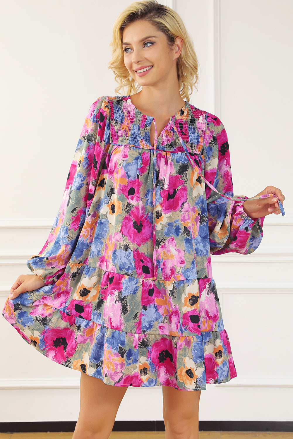 Blue Zone Planet | Multicolour Floral Tie Neck Bubble Sleeve Shift Dress-TOPS / DRESSES-[Adult]-[Female]-2022 Online Blue Zone Planet