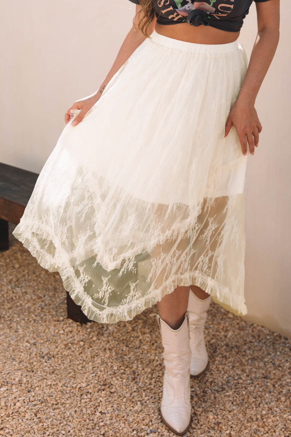 Beige Lace Cascading Tiered High Waist Maxi Skirt-Bottoms/Skirts & Petticoat-[Adult]-[Female]-2022 Online Blue Zone Planet