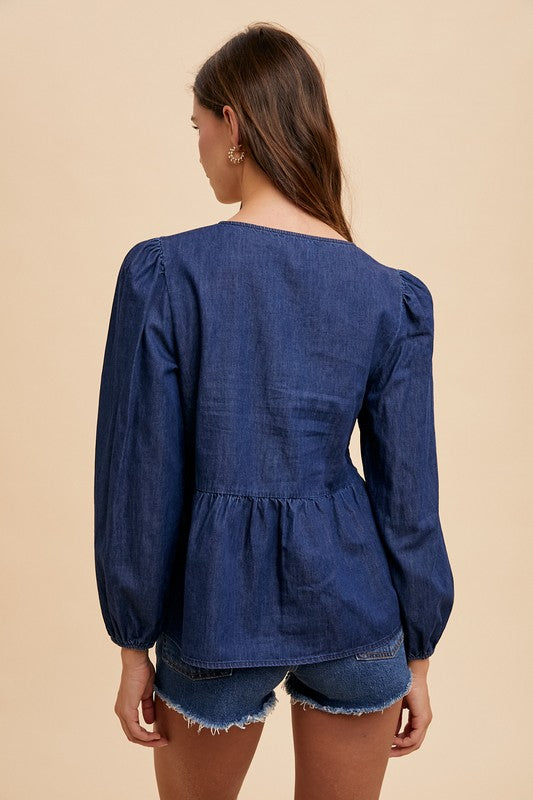 Annie Wear Tie Front Peplum Long Sleeve Denim Top-TOPS / DRESSES-[Adult]-[Female]-2022 Online Blue Zone Planet