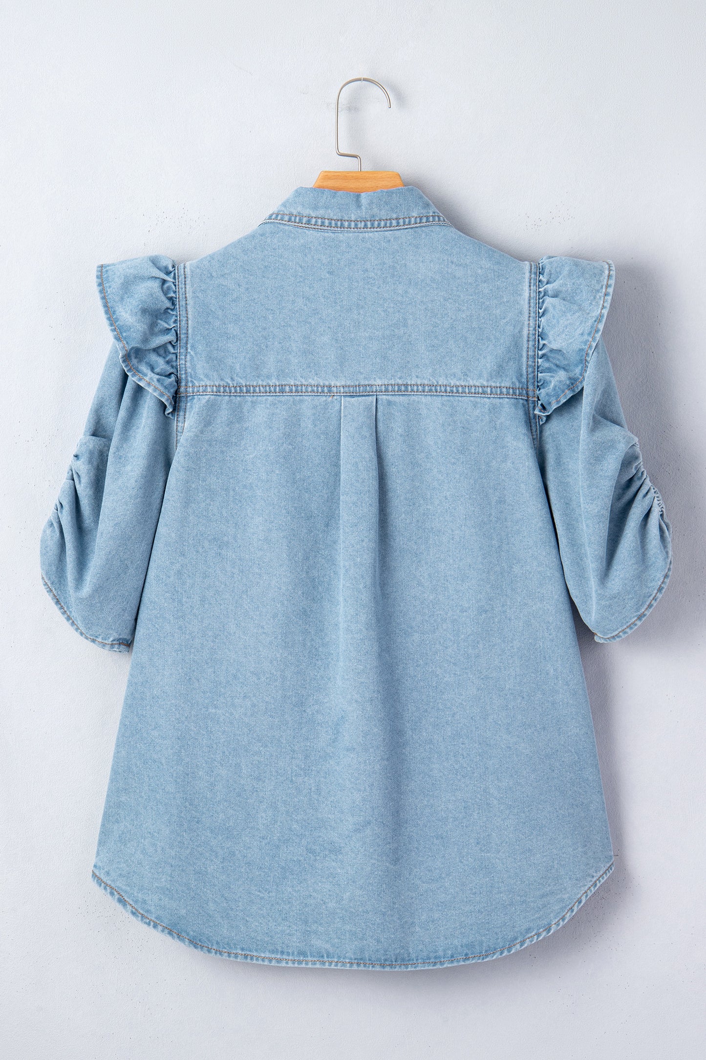 Myosotis Ruffle Detail Short Puff Sleeve Button Down Flap Pocket Denim Shirt-Tops/Blouses & Shirts-[Adult]-[Female]-2022 Online Blue Zone Planet