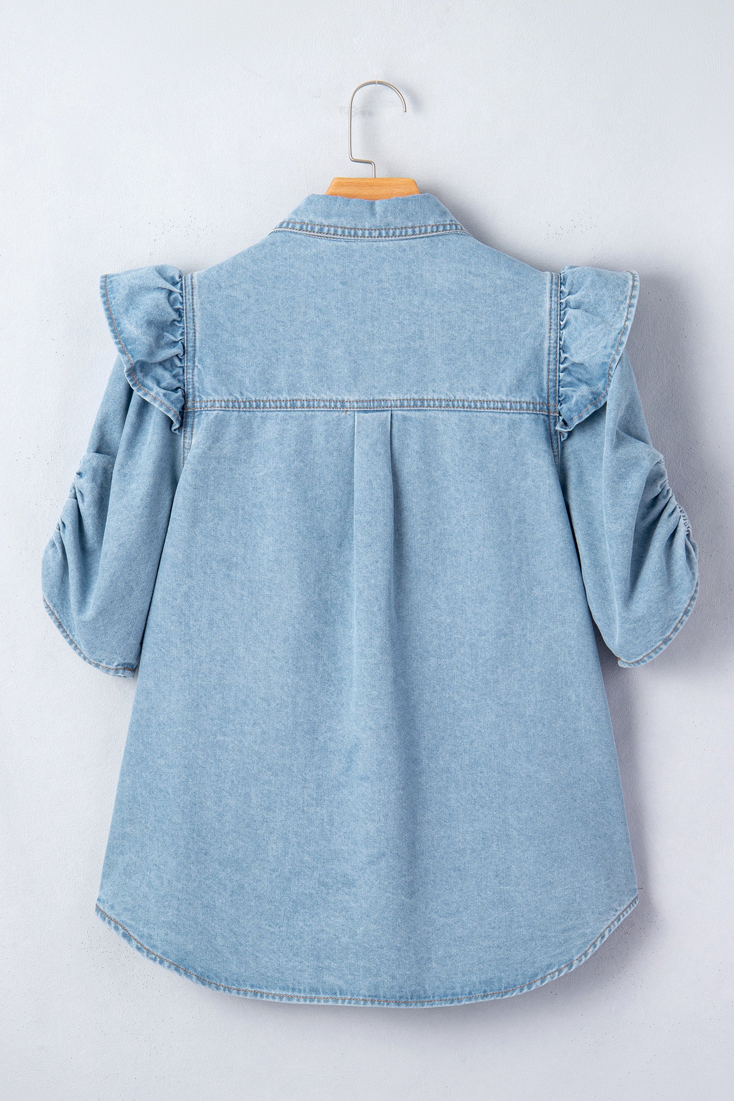 Myosotis Ruffle Detail Short Puff Sleeve Button Down Flap Pocket Denim Shirt-Tops/Blouses & Shirts-[Adult]-[Female]-2022 Online Blue Zone Planet
