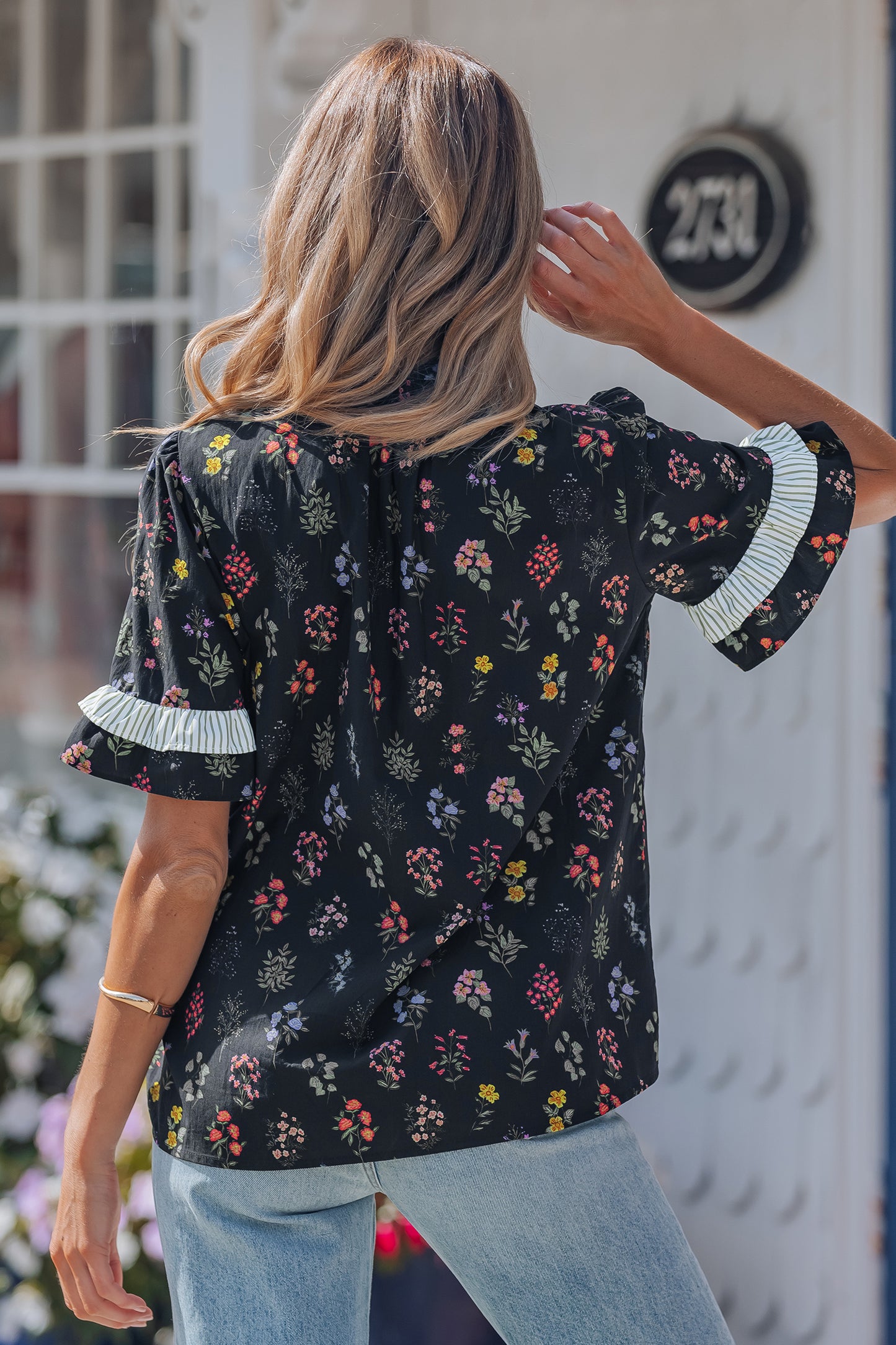 Black Contrast Frilled Trim Short Sleeve Floral Shirt-Tops/Blouses & Shirts-[Adult]-[Female]-2022 Online Blue Zone Planet