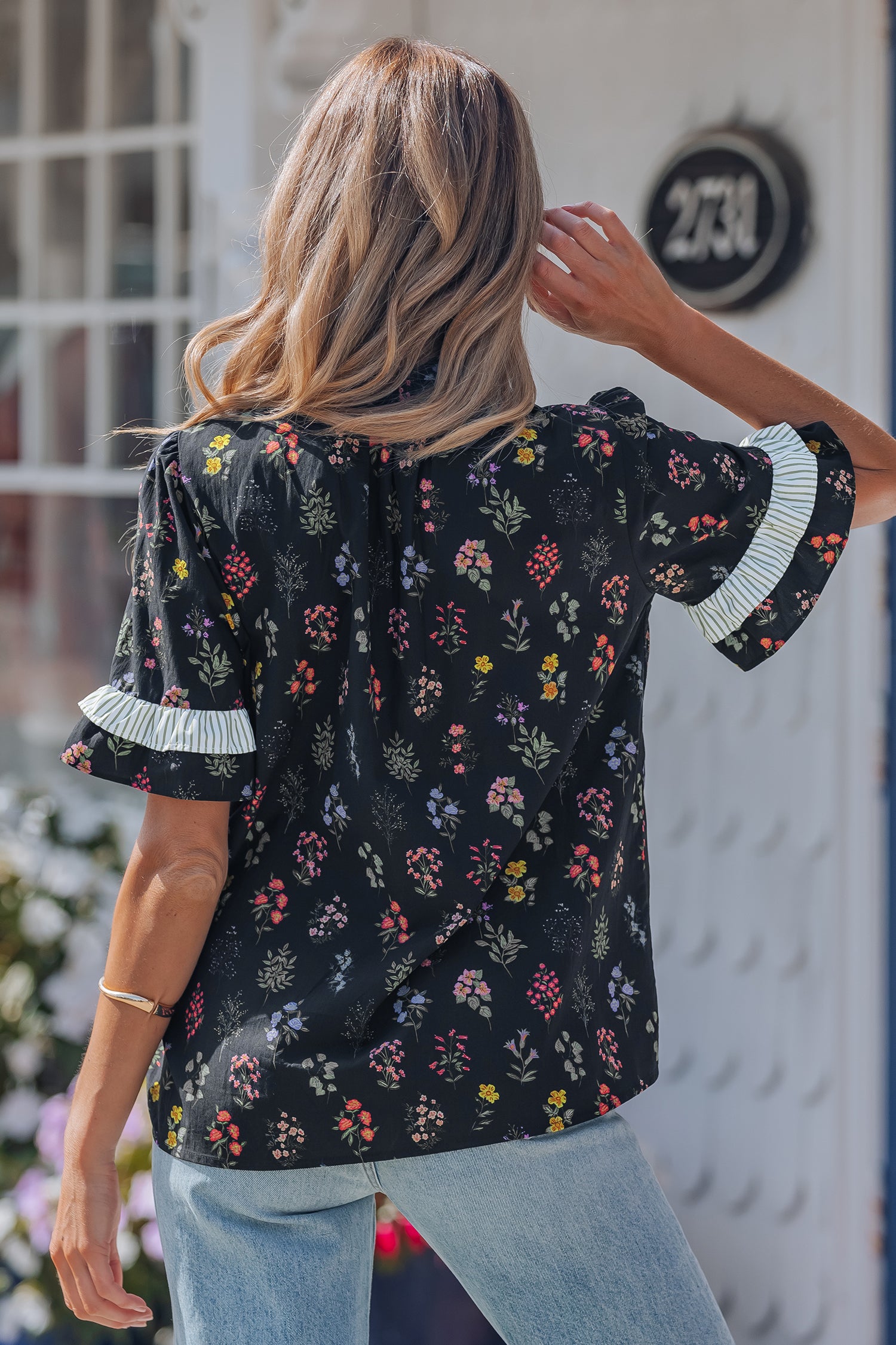 Black Contrast Frilled Trim Short Sleeve Floral Shirt-Tops/Blouses & Shirts-[Adult]-[Female]-2022 Online Blue Zone Planet