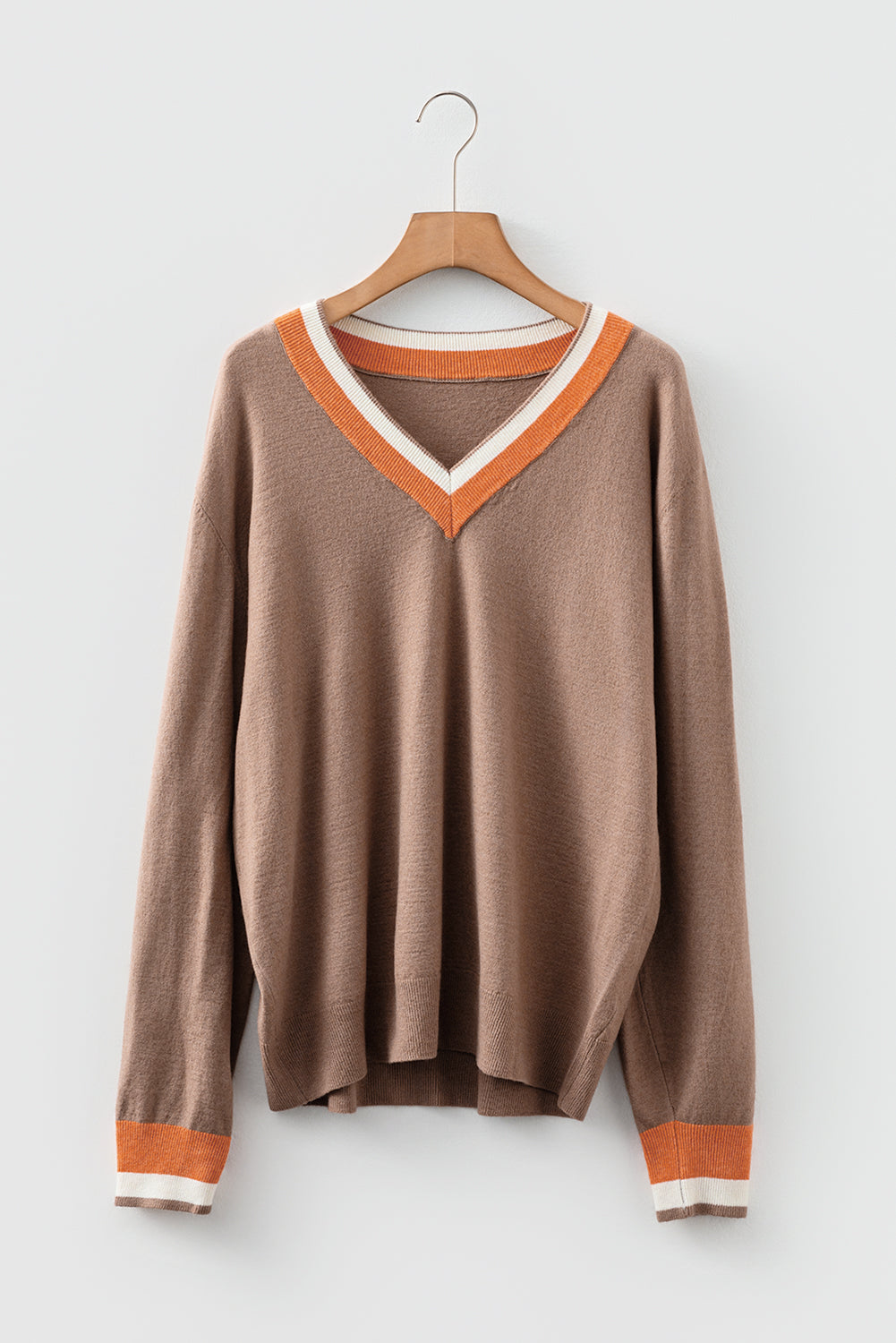 Dark Khaki Contrast Striped Trim V Neck Varsity Sweater-TOPS / DRESSES-[Adult]-[Female]-2022 Online Blue Zone Planet