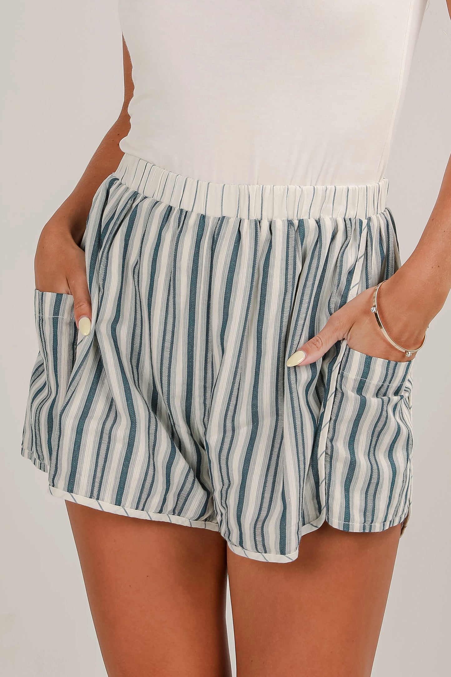 Gray Stripe Elastic Waist Cargo Pocket Casual Shorts-Bottoms/Casual Shorts-[Adult]-[Female]-2022 Online Blue Zone Planet