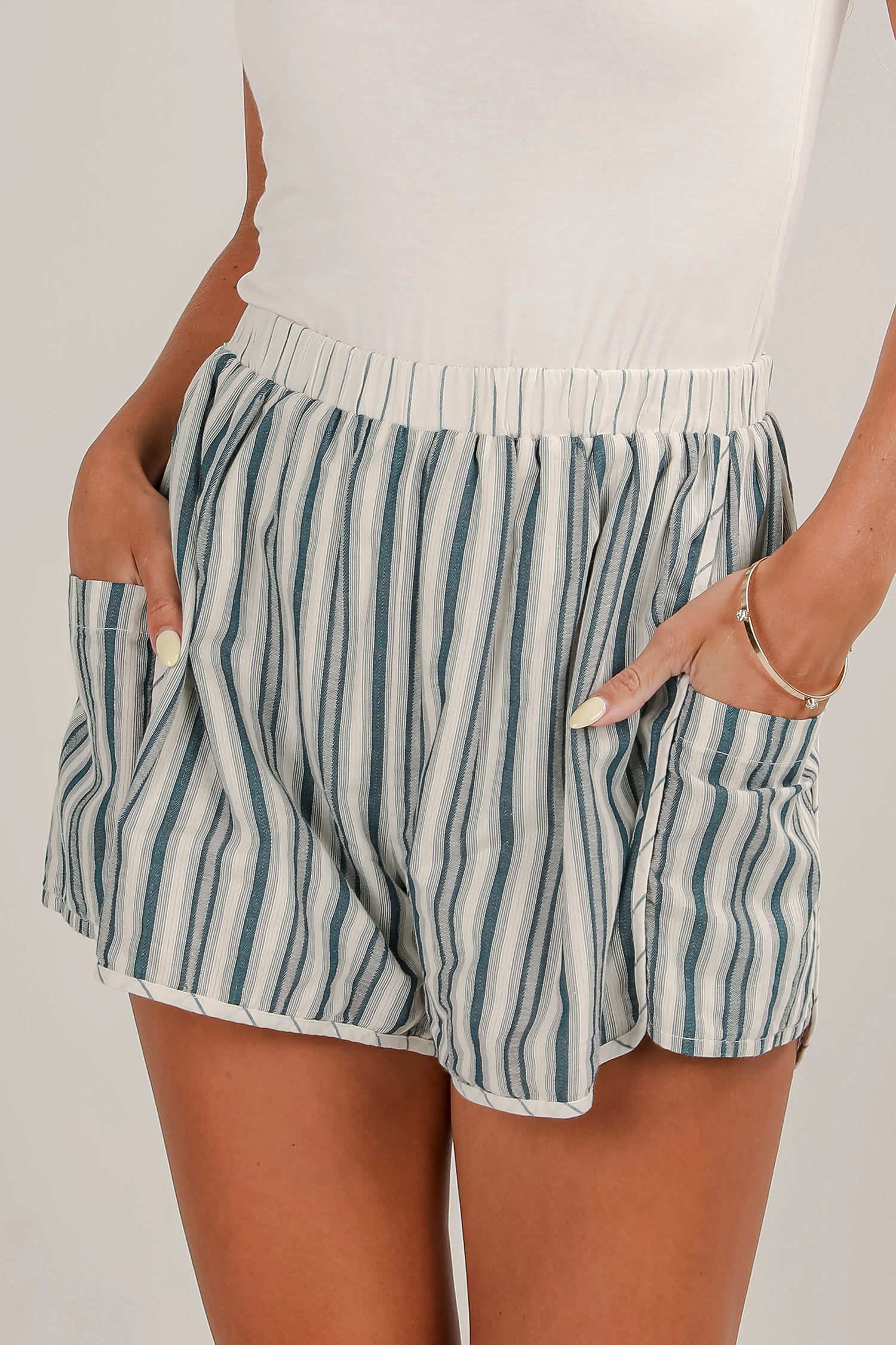 Gray Stripe Elastic Waist Cargo Pocket Casual Shorts-Bottoms/Casual Shorts-[Adult]-[Female]-2022 Online Blue Zone Planet