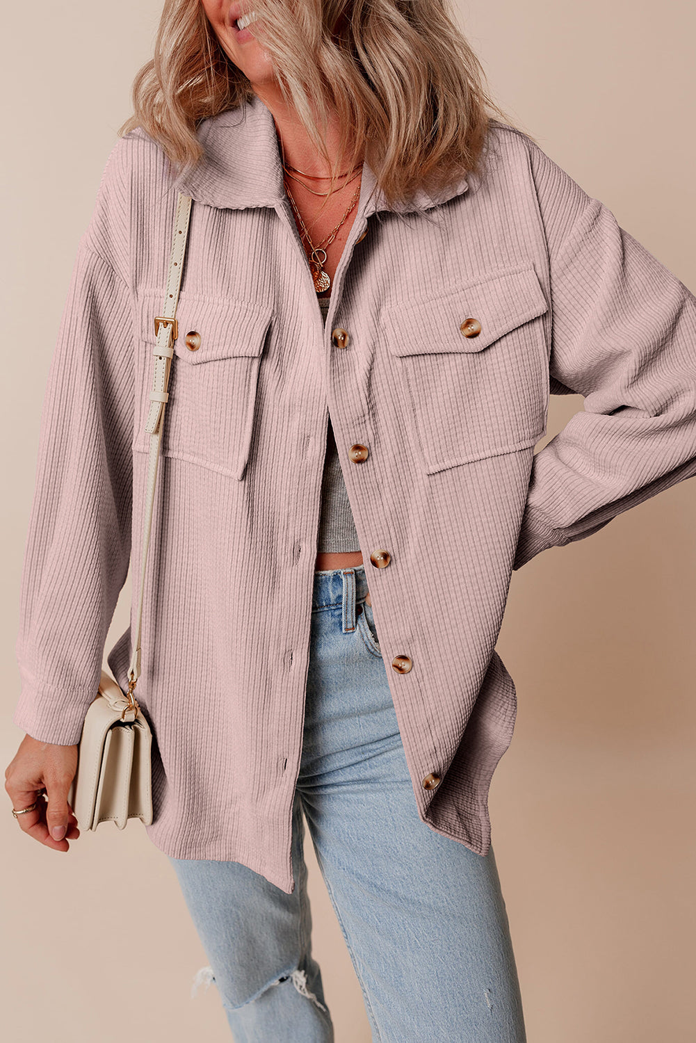 Light Pink Corduroy Flap Pocket Button Up Shacket-Outerwear/Jackets-[Adult]-[Female]-2022 Online Blue Zone Planet