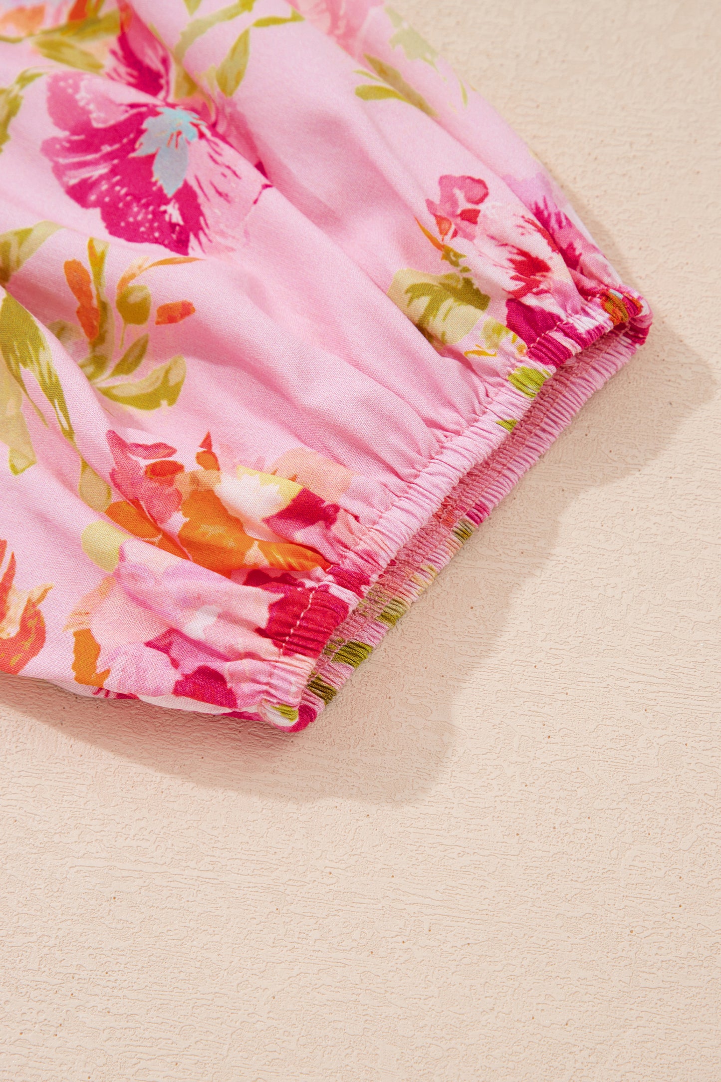 Pink Floral Print Tie Neck Puffy Half Sleeve Blouse-Tops/Blouses & Shirts-[Adult]-[Female]-2022 Online Blue Zone Planet