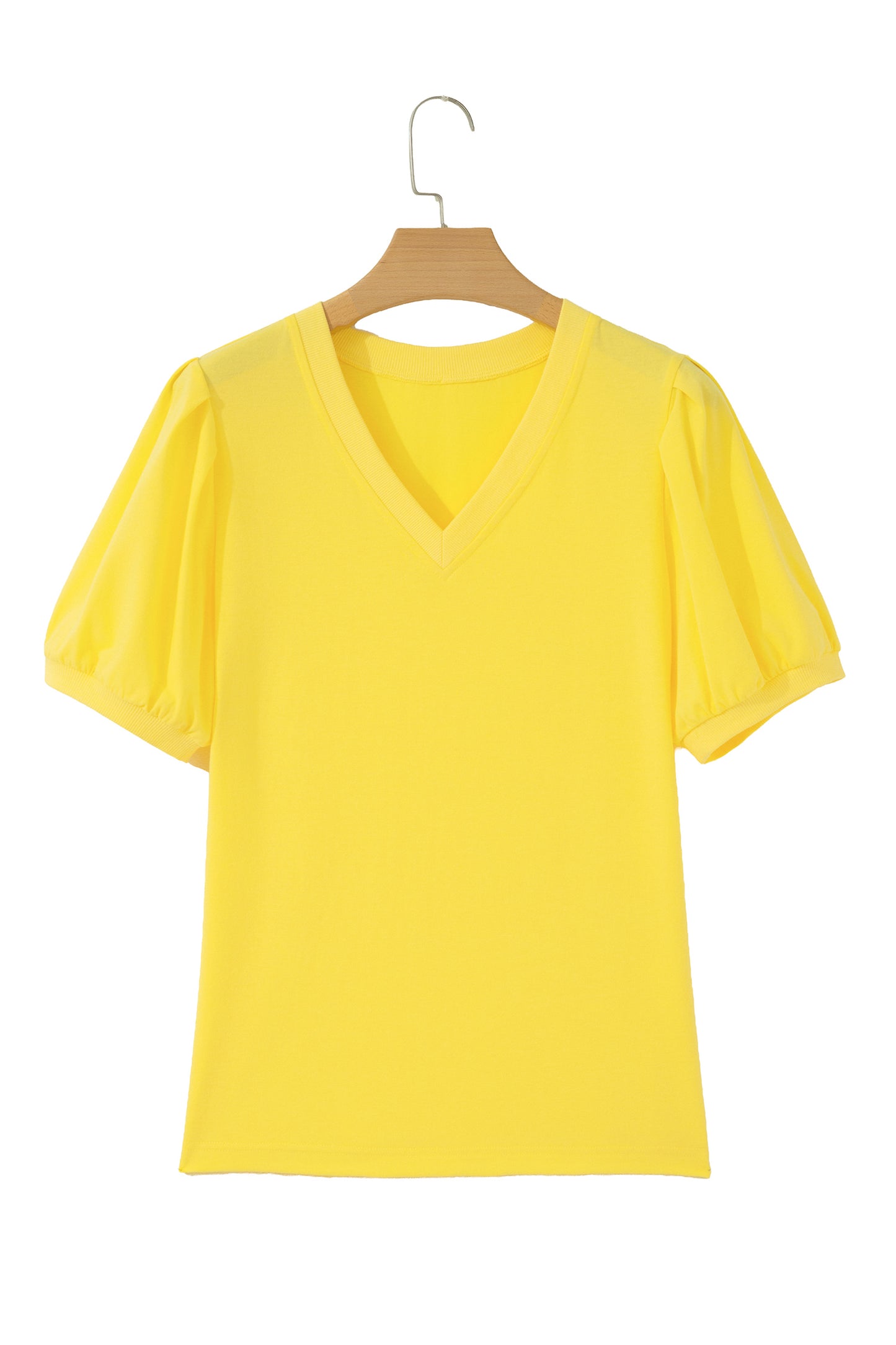 Yellow Solid Color V Neck Short Puff Sleeve Blouse-Tops/Blouses & Shirts-[Adult]-[Female]-2022 Online Blue Zone Planet