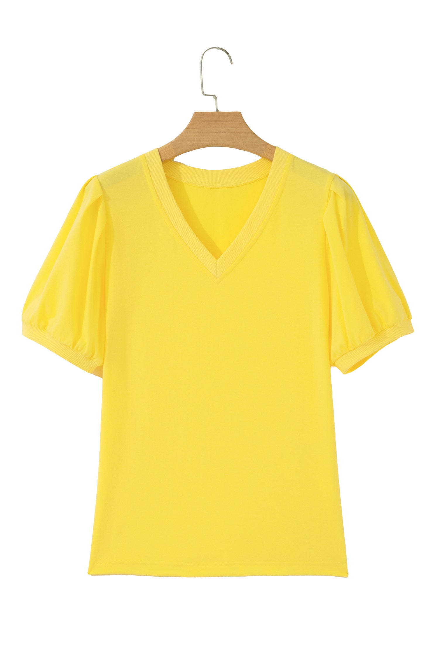 Yellow Solid Color V Neck Short Puff Sleeve Blouse-Tops/Blouses & Shirts-[Adult]-[Female]-2022 Online Blue Zone Planet
