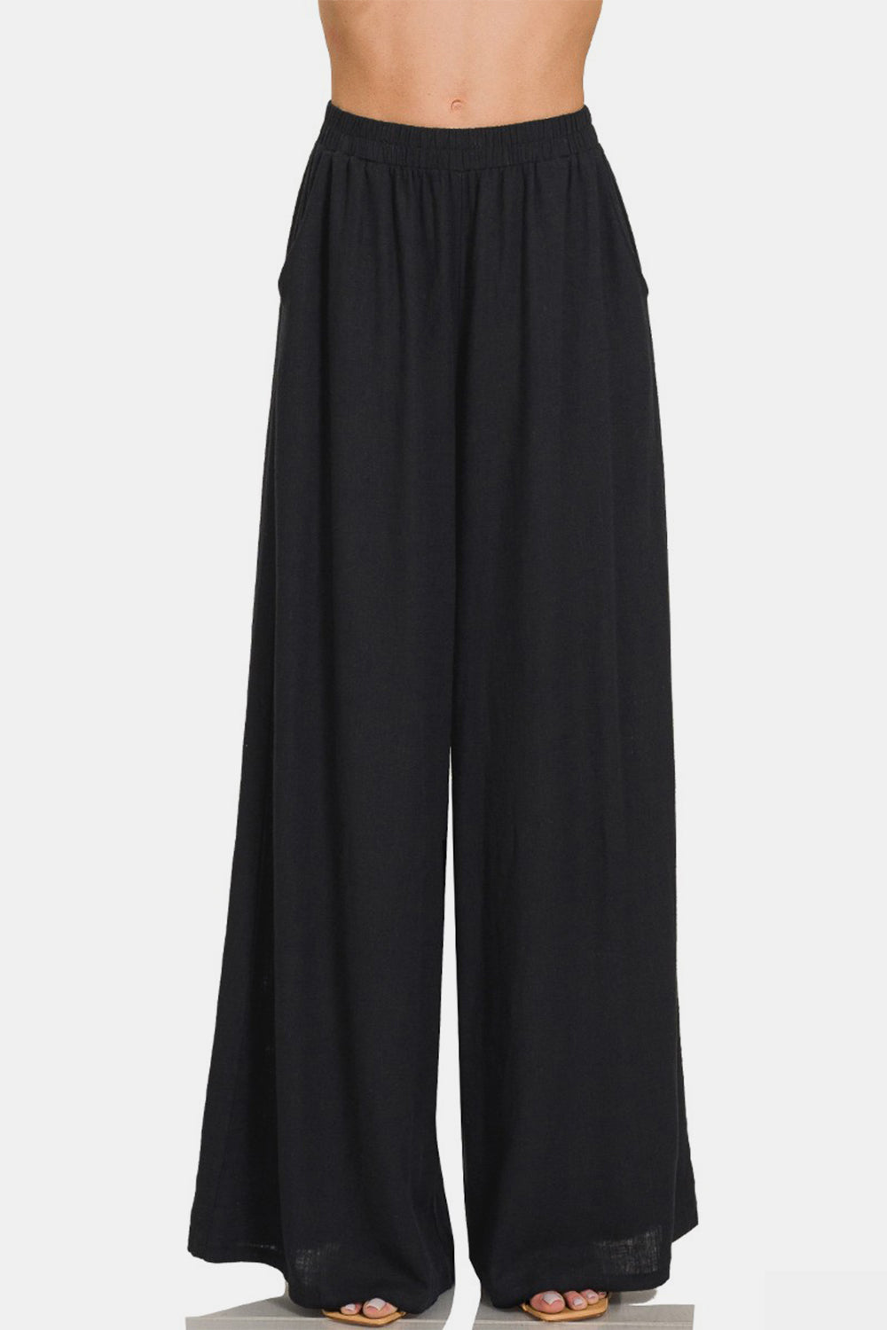 Zenana Pleated Linen Blend Wide Leg Pants-BOTTOMS SIZES SMALL MEDIUM LARGE-[Adult]-[Female]-2022 Online Blue Zone Planet