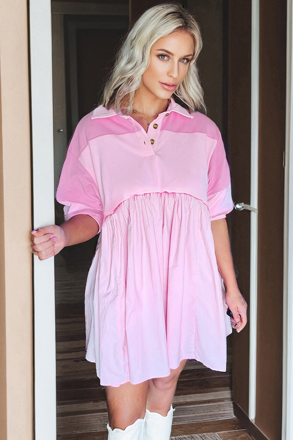 Pink Raw Seam Color Block Patchwork Button Polo Collar Mini Dress-TOPS / DRESSES-[Adult]-[Female]-2022 Online Blue Zone Planet