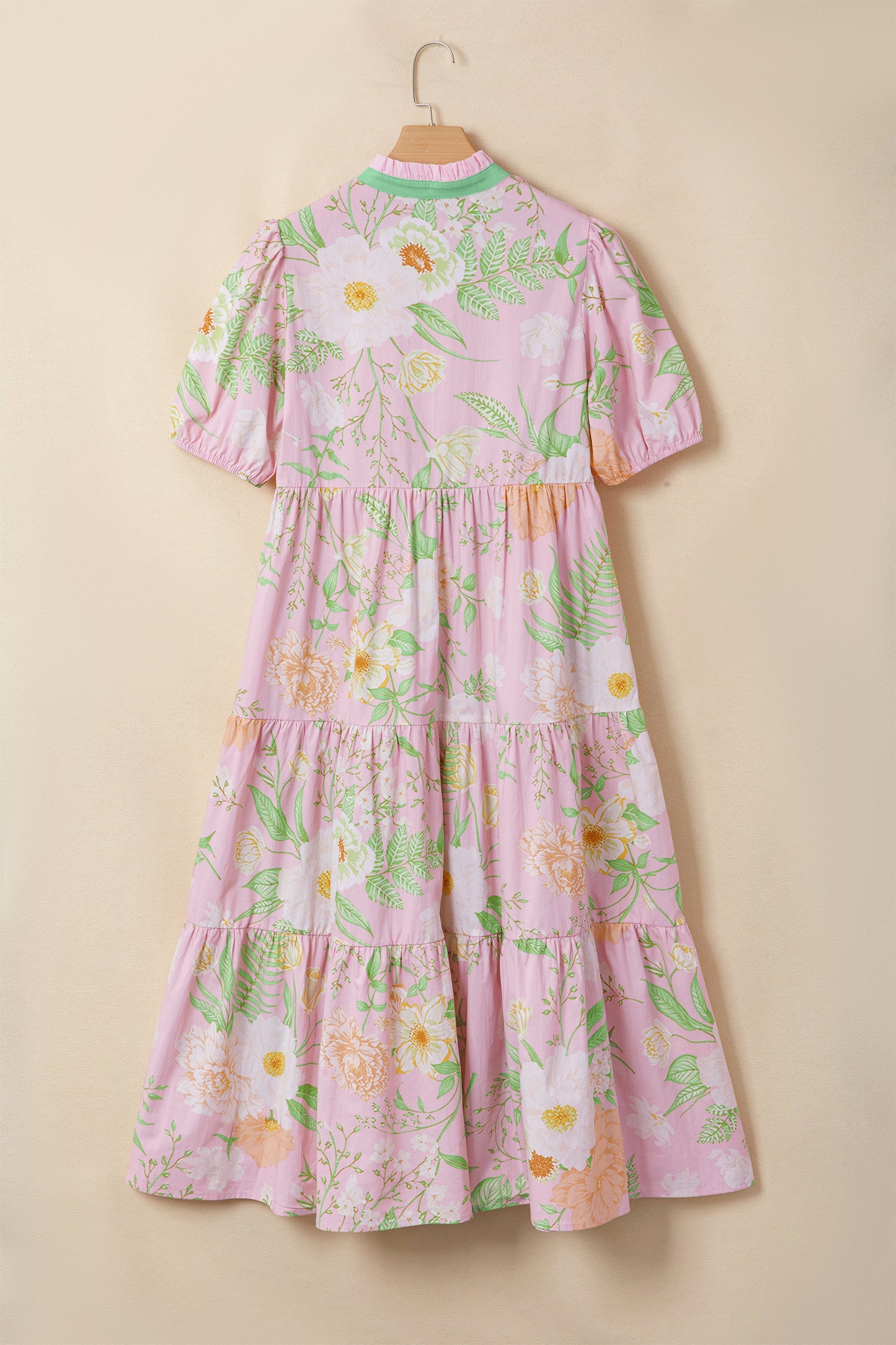 Pink Floral Print Short Puff Sleeve High Waist Tiered Maxi Dress-Dresses/Floral Dresses-[Adult]-[Female]-2022 Online Blue Zone Planet