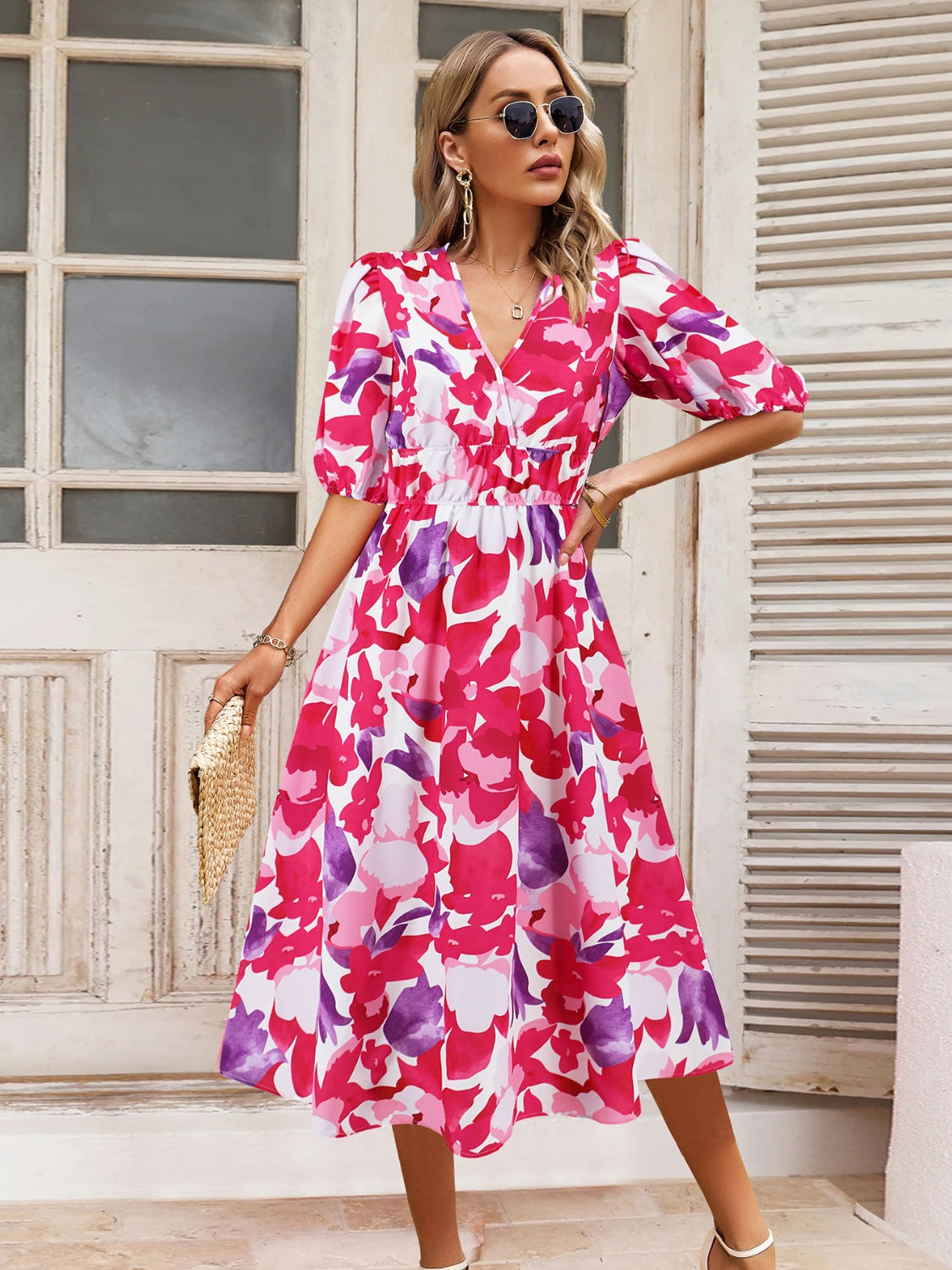 Ruched Printed Surplice Short Sleeve Dress-TOPS / DRESSES-[Adult]-[Female]-Hot Pink-S-2022 Online Blue Zone Planet