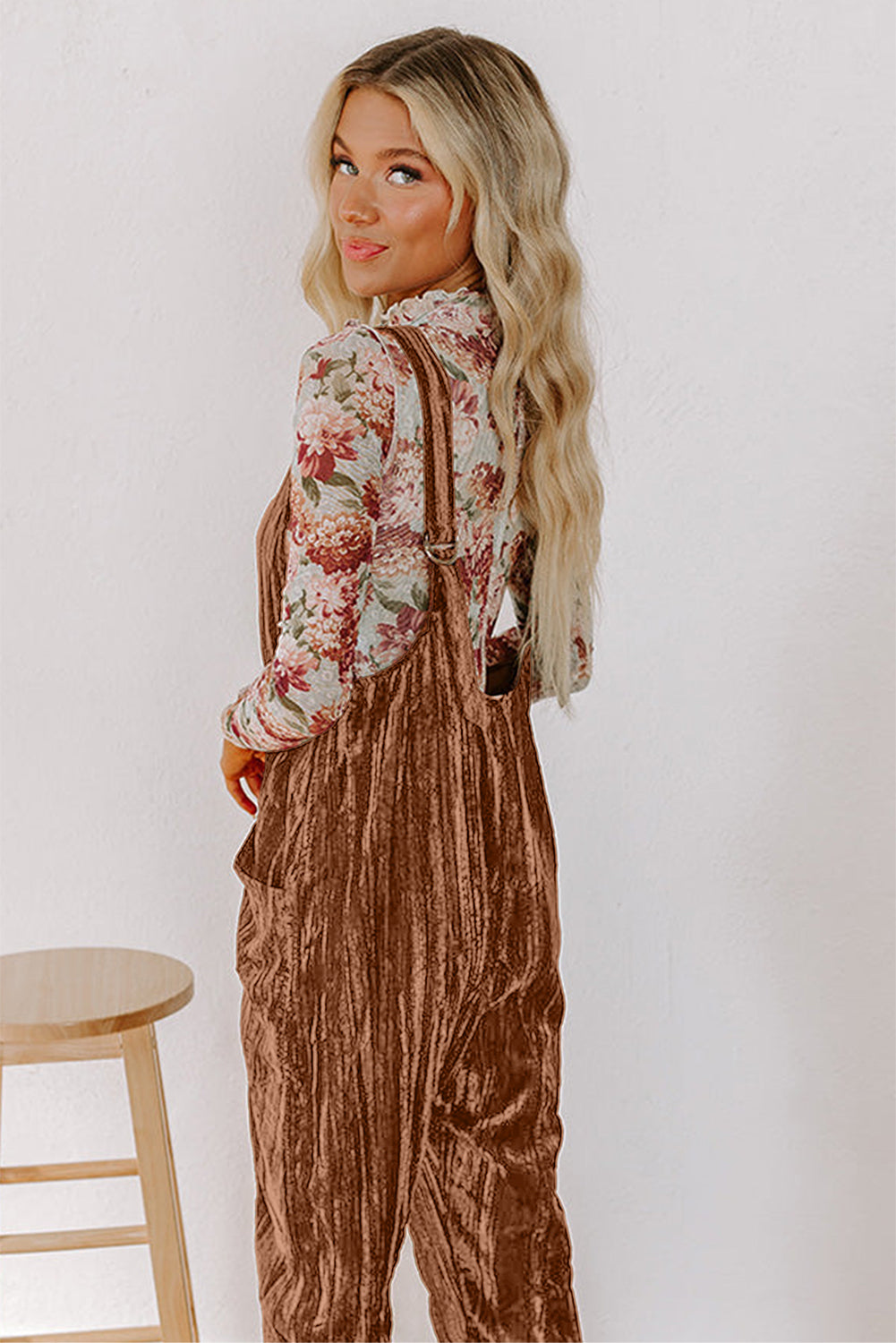 Chicory Coffee Velvet Adjustable Straps Patched Pocket Sleeveless Jumpsuit-Bottoms/Jumpsuits & Rompers-[Adult]-[Female]-2022 Online Blue Zone Planet