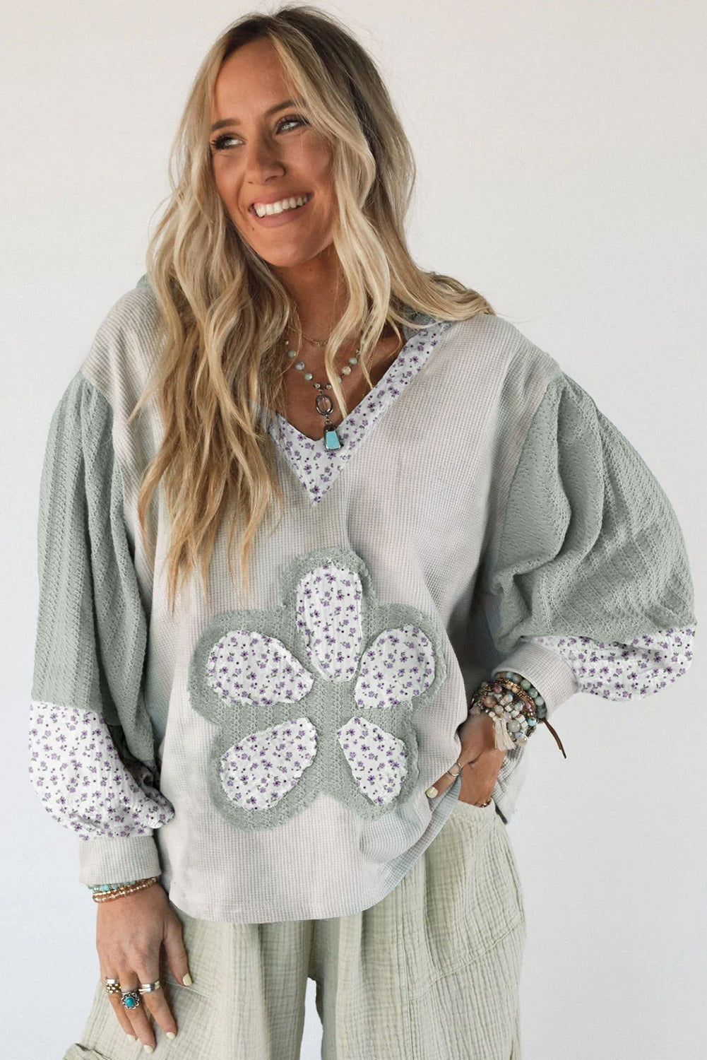 Green Floral Patched Waffle Textured Colorblock V Neck Casual Hooded Top-Tops/Long Sleeve Tops-[Adult]-[Female]-2022 Online Blue Zone Planet