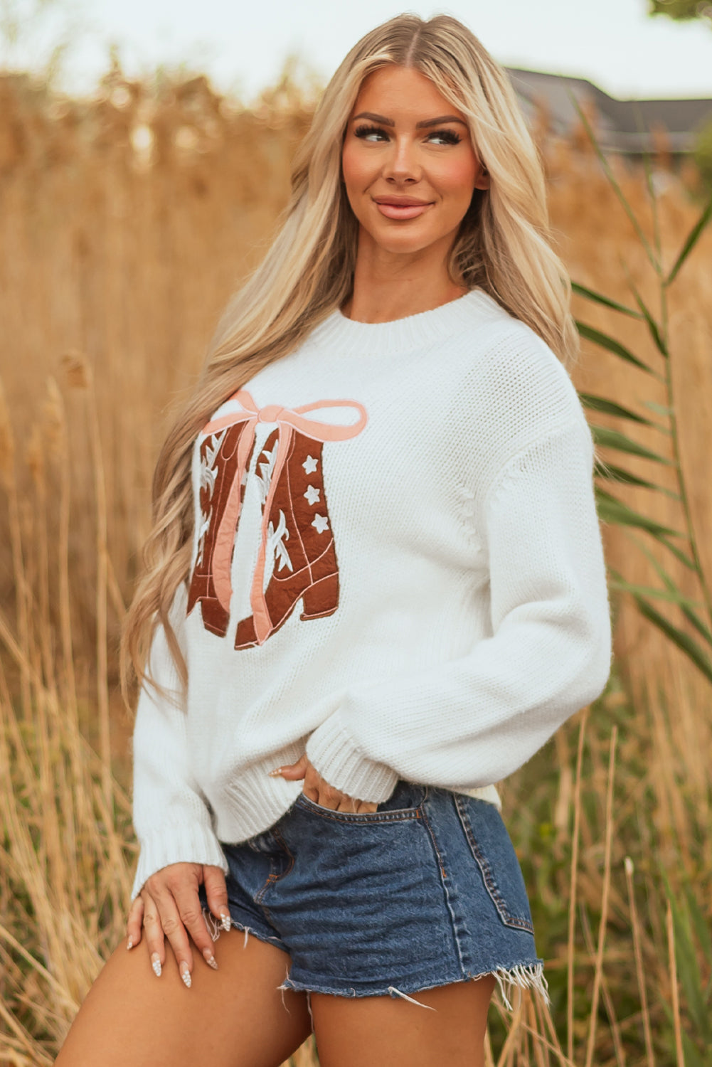 White Embroidered Bow Boots Graphic Drop Shoulder Sweater-TOPS / DRESSES-[Adult]-[Female]-2022 Online Blue Zone Planet